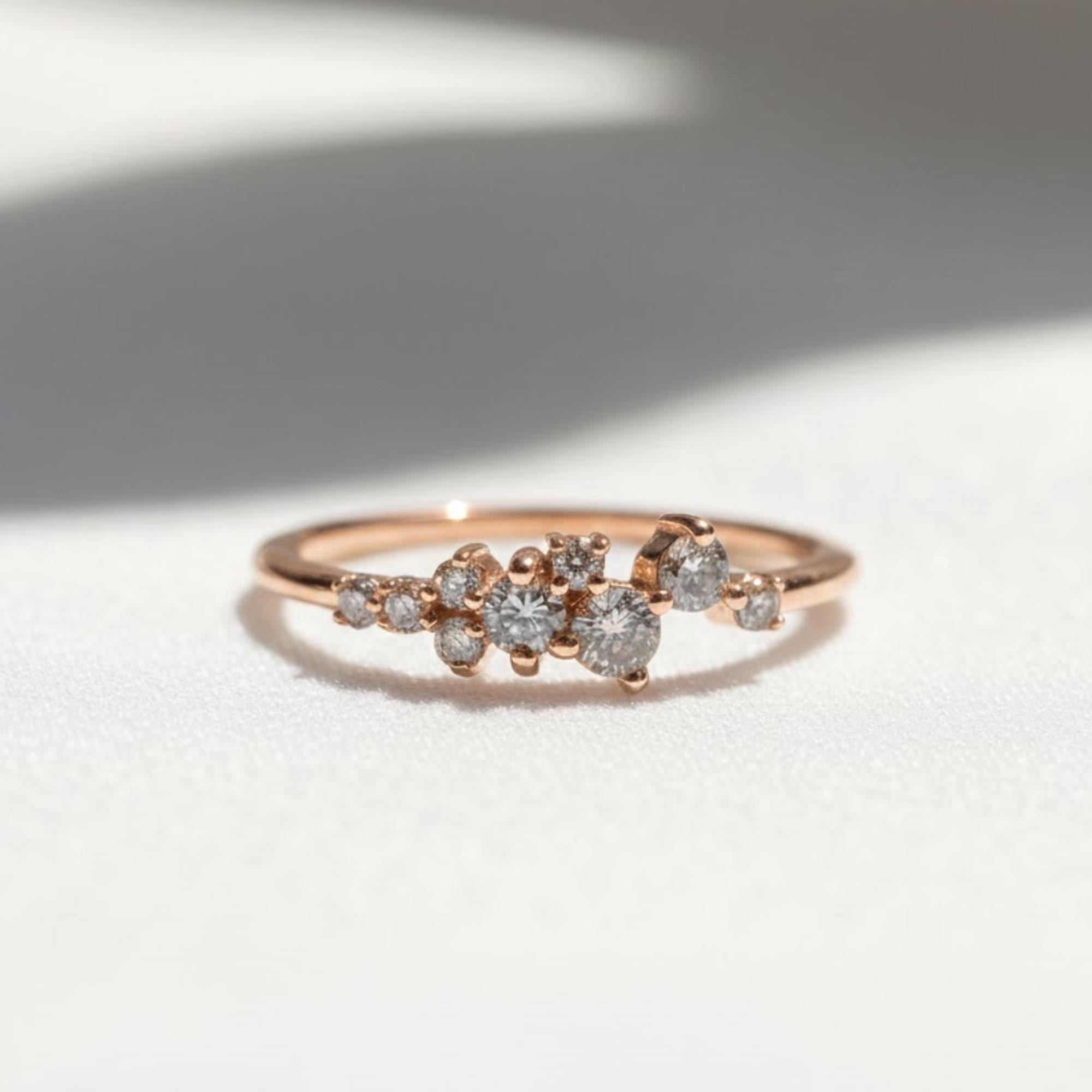 Salt and Pepper Diamond Cluster Ring | 14K Solid Gold Unique Grey Included Diamond Ring | Natural Raw Diamond Band By Mirae Jewelry
