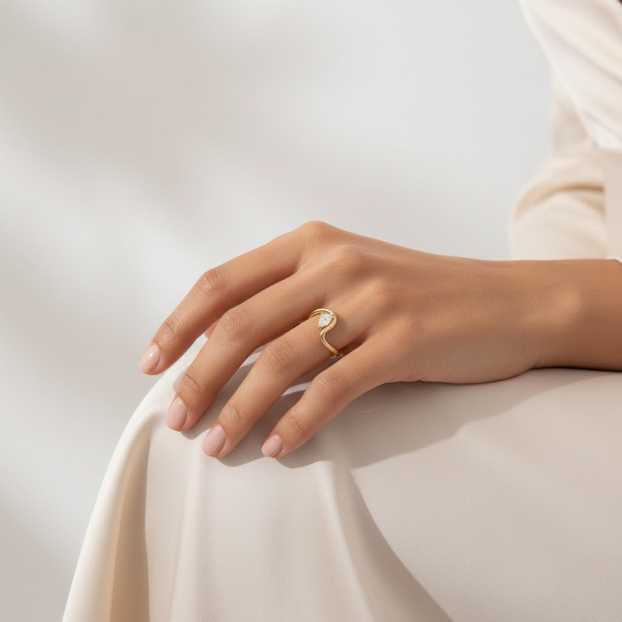 Pear Cut Diamond Wavy Ring | Curved Teardrop Shape Gold Band Ring | 0.5 to 2 Carat Lab Diamond Engagement Ring By Mirae Jewelry