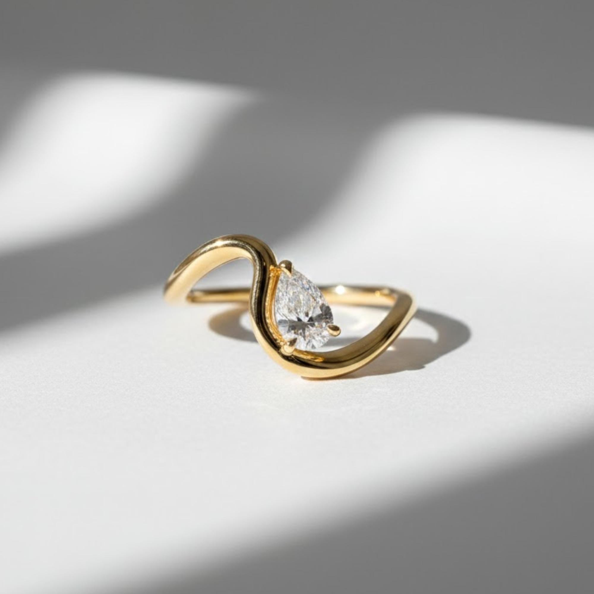 Pear Cut Diamond Wavy Ring | Curved Teardrop Shape Gold Band Ring | 0.5 to 2 Carat Lab Diamond Engagement Ring By Mirae Jewelry