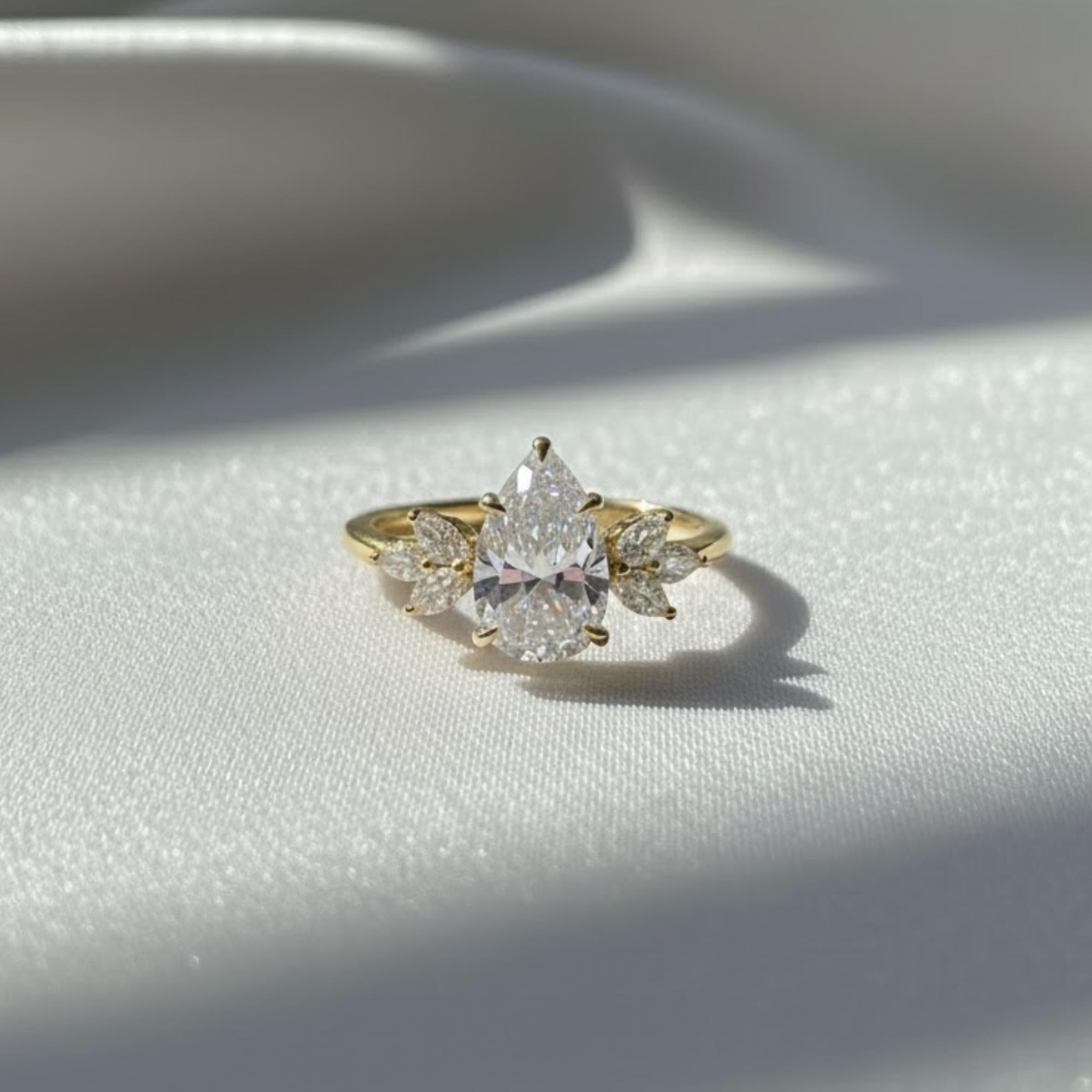 UNIQUE Pear 2.6 Carat Total IGI Certified F Color VS2 Clarity Lab Grown Diamond Engagement Ring, Side Marquise Cut Diamonds 14k Gold