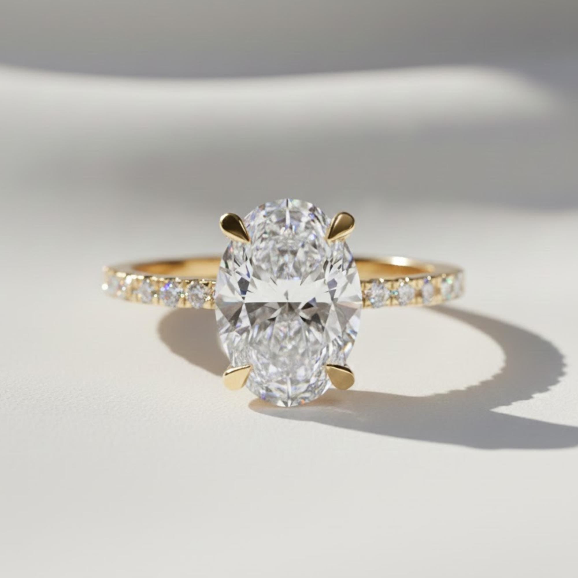 3 Carat Oval Lab Grown Diamond Engagement Ring with Hidden Halo, IGI Certified F Color VS2 Clarity, 14k Gold Wedding Band By Mirae Jewelry
