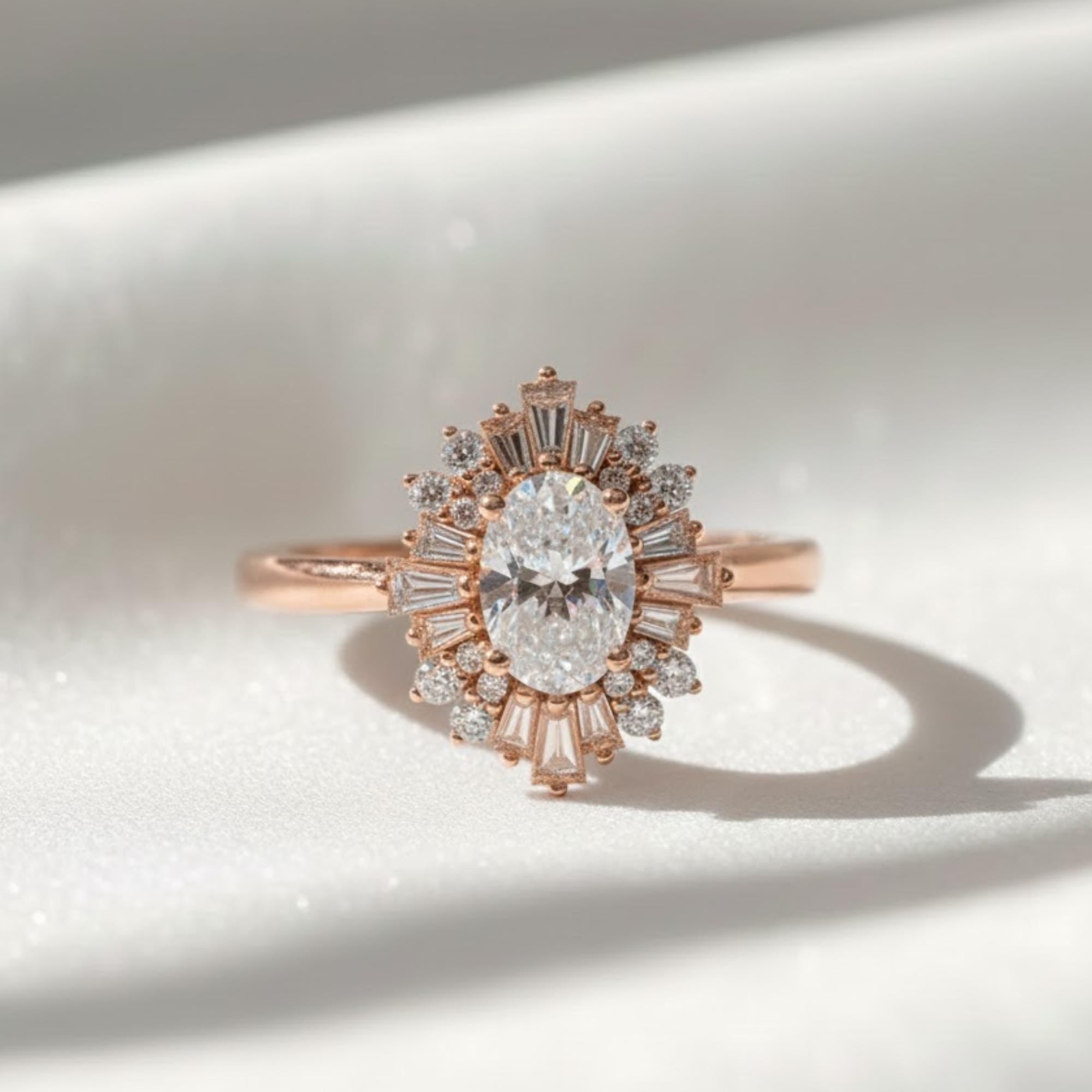 Vintage Oval Lab Grown Diamond Engagement Ring in 14K Rose Gold with Diamond Halo, Milgrain Detailing, Proposal, Anniversary, Heirloom Style