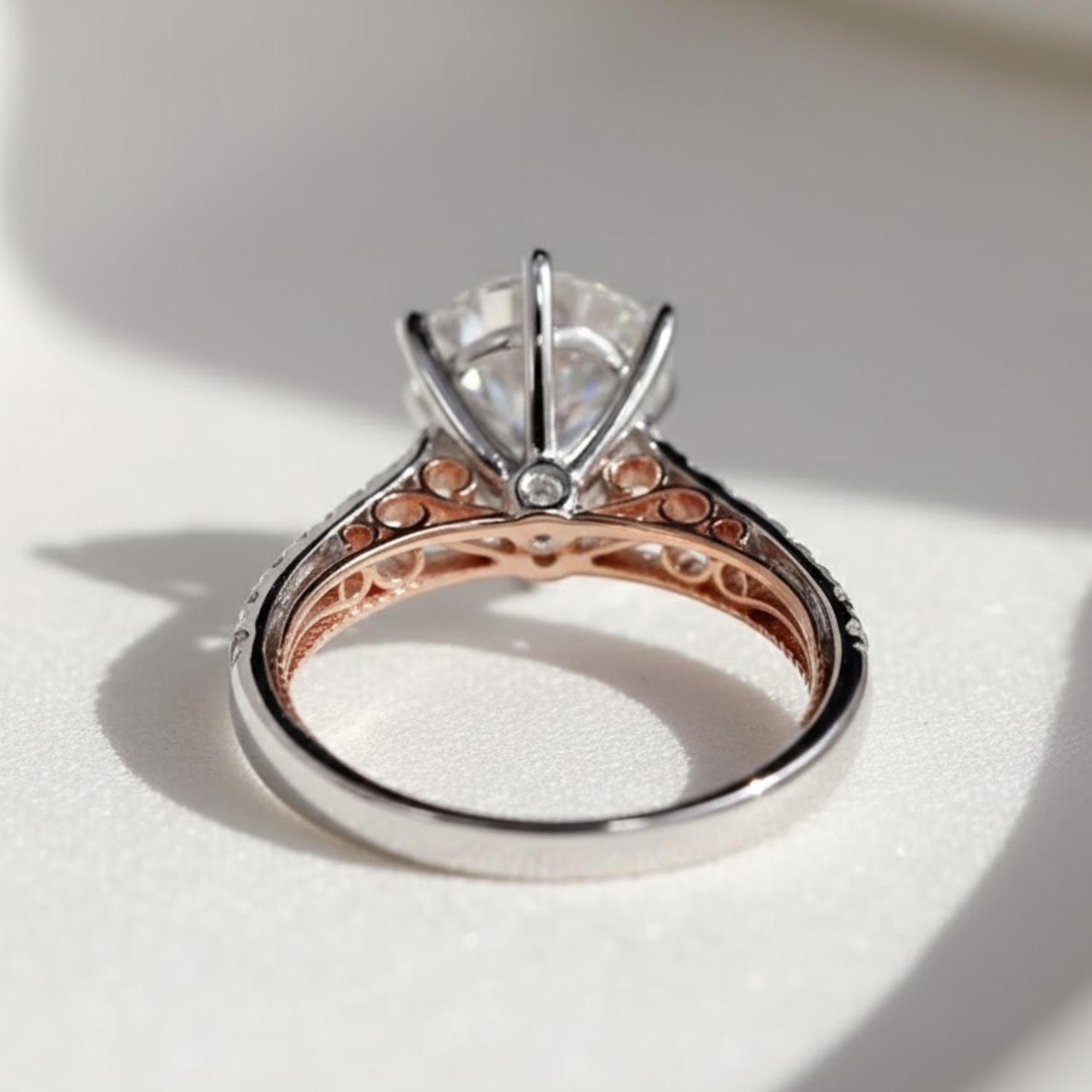 Round Lab Grown Diamond Ring Vintage Filigree Two Tone Engagement Ring 14K White & Rose Gold Wedding Ring IGI Certified Six Prong