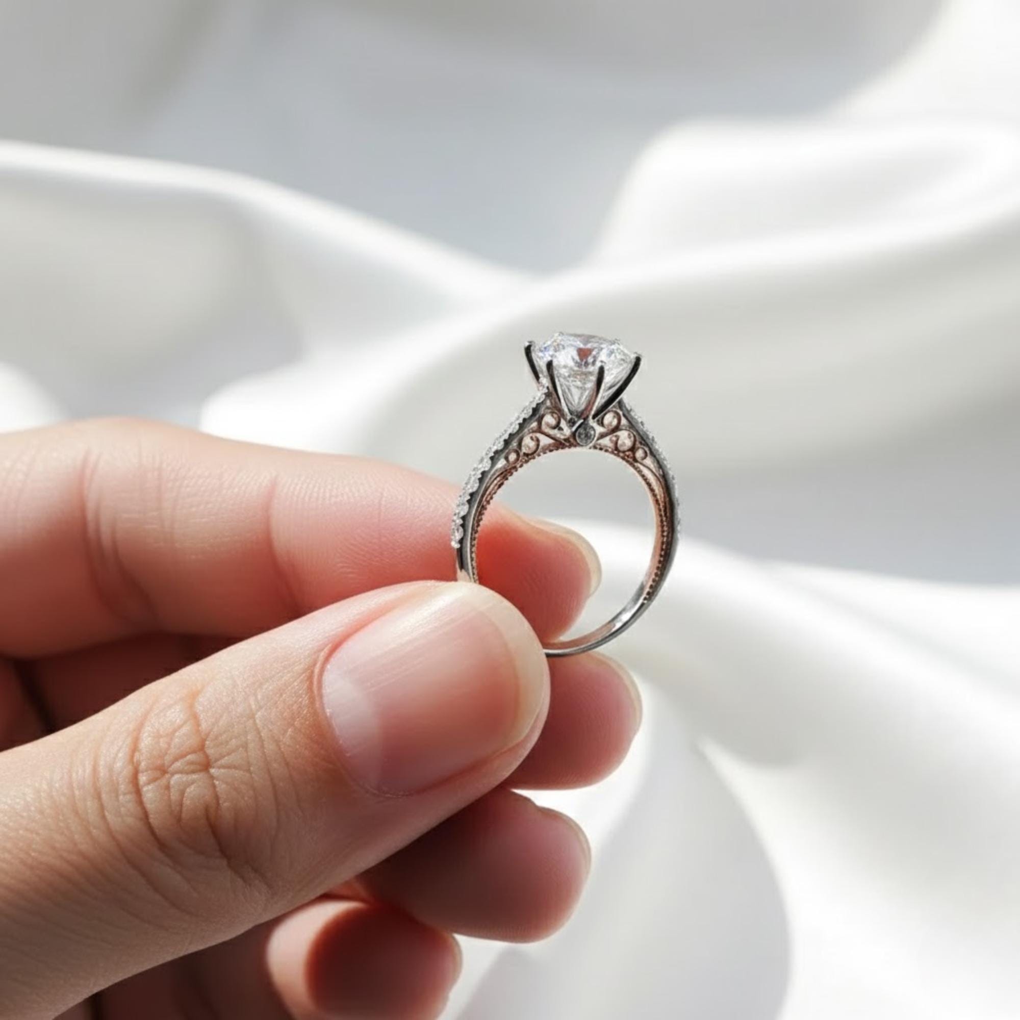 Round Lab Grown Diamond Ring Vintage Filigree Two Tone Engagement Ring 14K White & Rose Gold Wedding Ring IGI Certified Six Prong