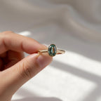 Teal Green Moissanite Ring Oval Cut – 14K Gold Bezel Engagement Ring, Unique Promise Ring, Boho Unisex Jewelry