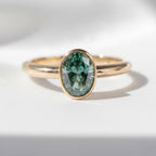 Teal Green Moissanite Ring Oval Cut – 14K Gold Bezel Engagement Ring, Unique Promise Ring, Boho Unisex Jewelry