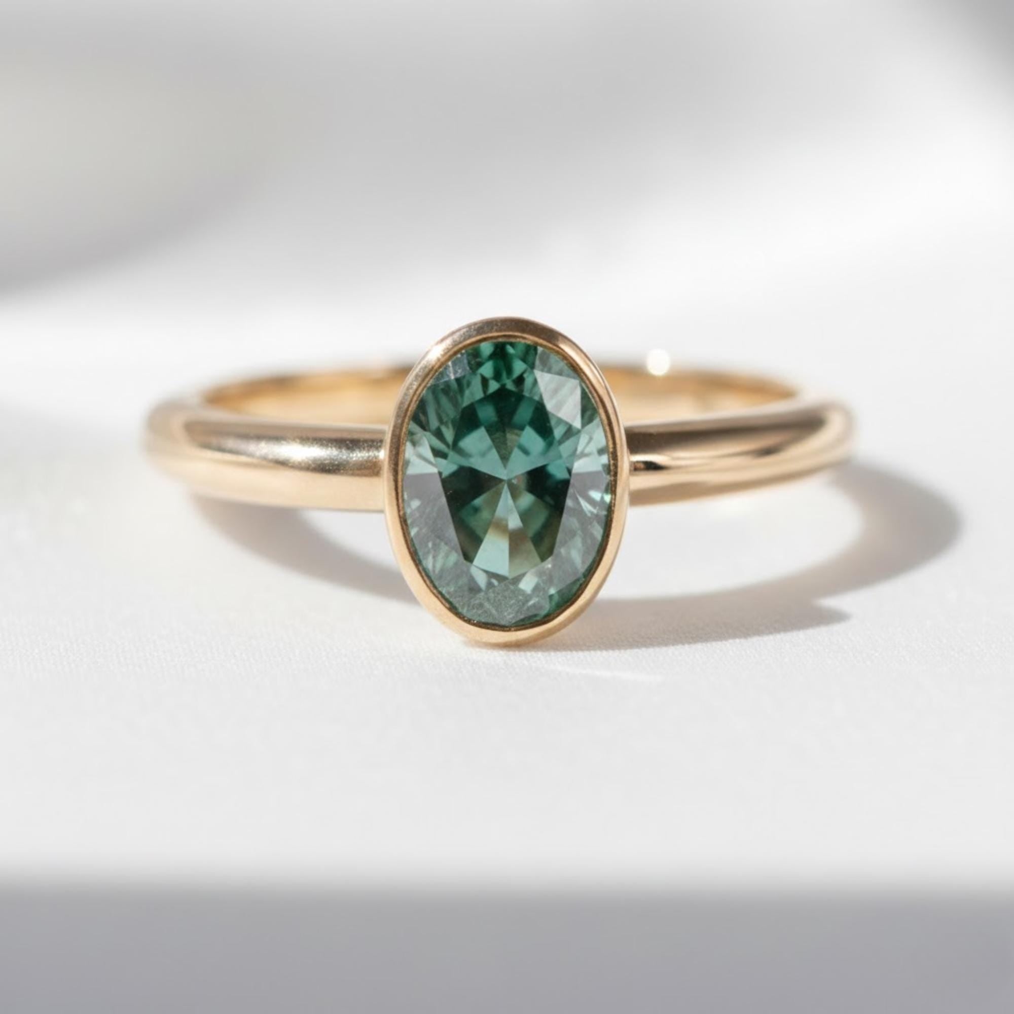Teal Green Moissanite Ring Oval Cut – 14K Gold Bezel Engagement Ring, Unique Promise Ring, Boho Unisex Jewelry