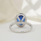 Statement 4 Carats Genuine Lab Grown Royal Blue Sapphire Ring, Oval Blue Sapphire Halo Diamond Cocktail Ring, Princess Diana Engagement Ring