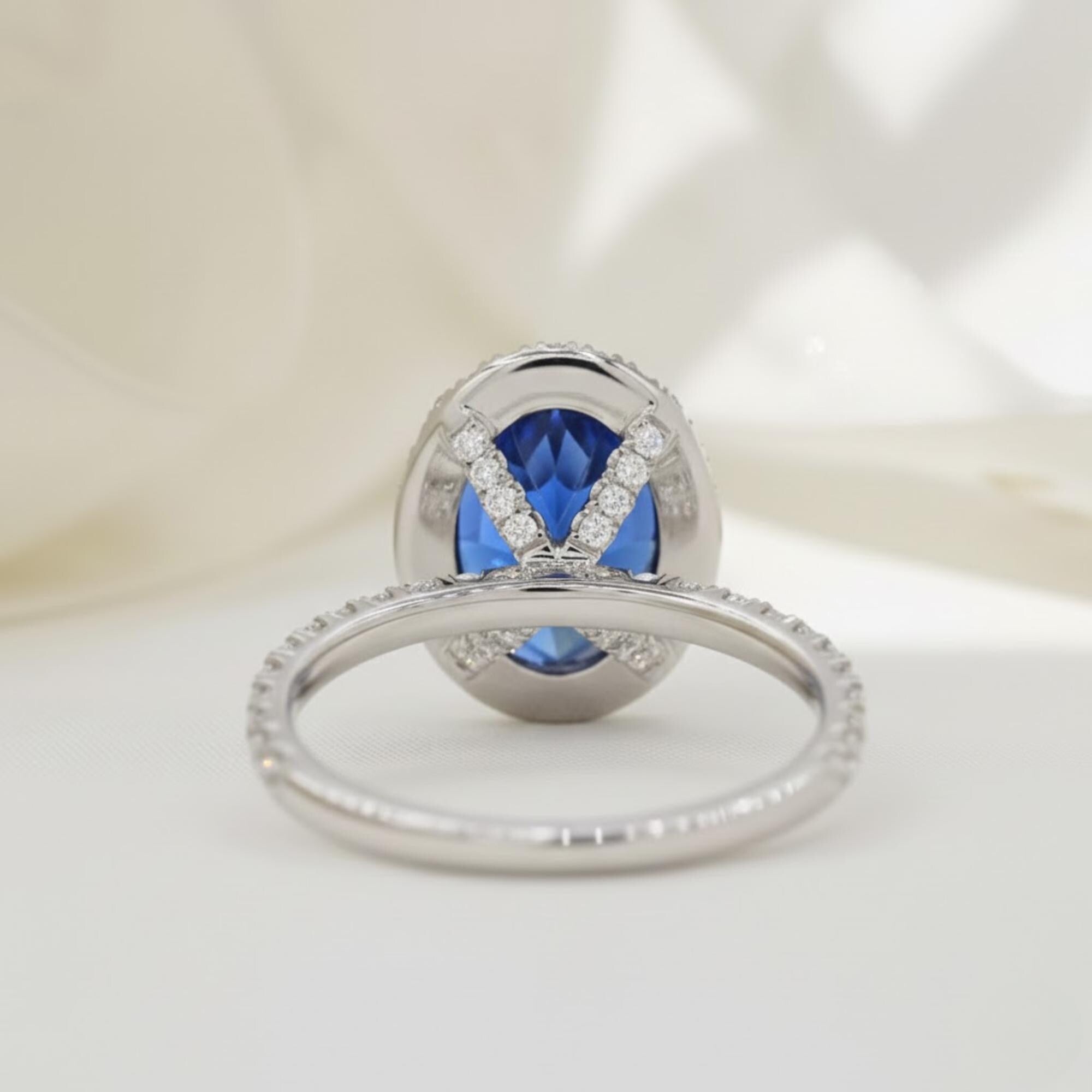 Statement 4 Carats Genuine Lab Grown Royal Blue Sapphire Ring, Oval Blue Sapphire Halo Diamond Cocktail Ring, Princess Diana Engagement Ring