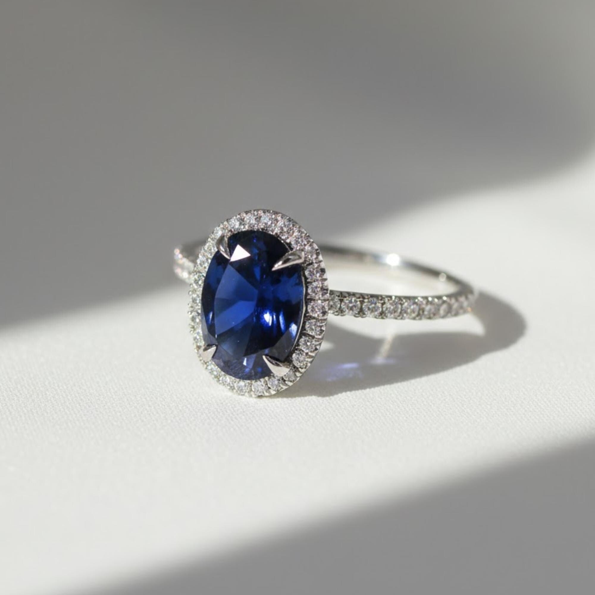 Statement 4 Carats Genuine Lab Grown Royal Blue Sapphire Ring, Oval Blue Sapphire Halo Diamond Cocktail Ring, Princess Diana Engagement Ring