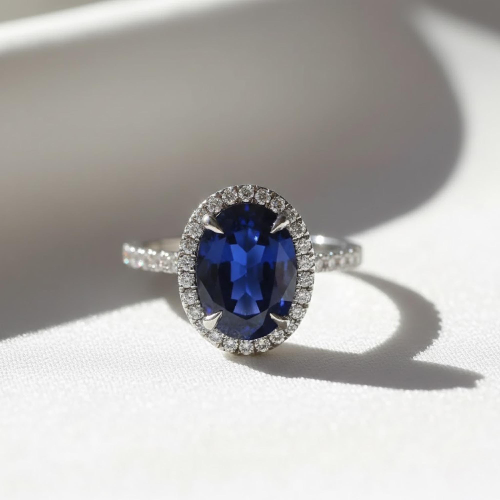 Statement 4 Carats Genuine Lab Grown Royal Blue Sapphire Ring, Oval Blue Sapphire Halo Diamond Cocktail Ring, Princess Diana Engagement Ring