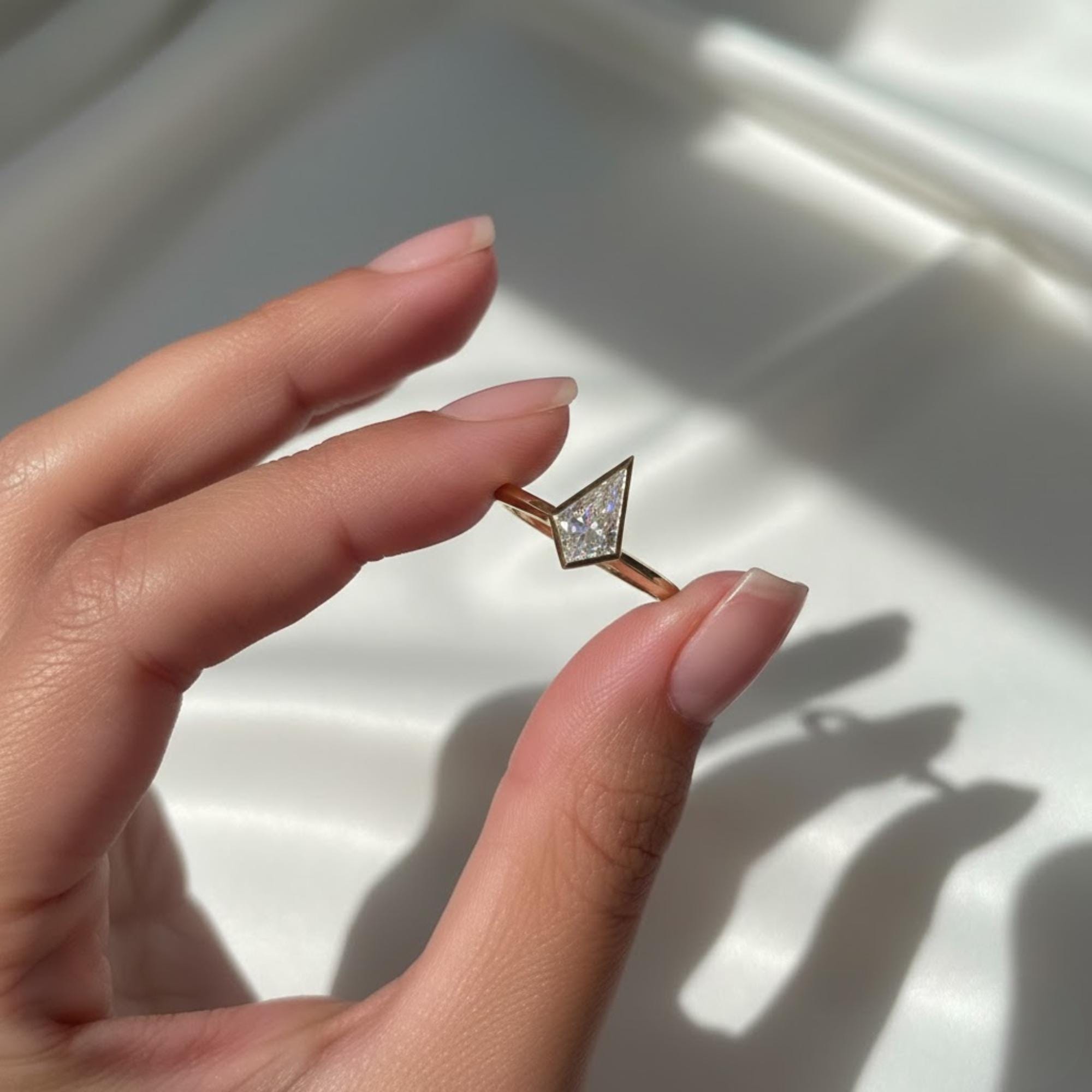 2 Carat Kite Cut Lab Grown Diamond Ring | Bezel Set Solitaire Ring | Low Profile 14K Gold Modern Engagement Ring By Mirae Jewelry