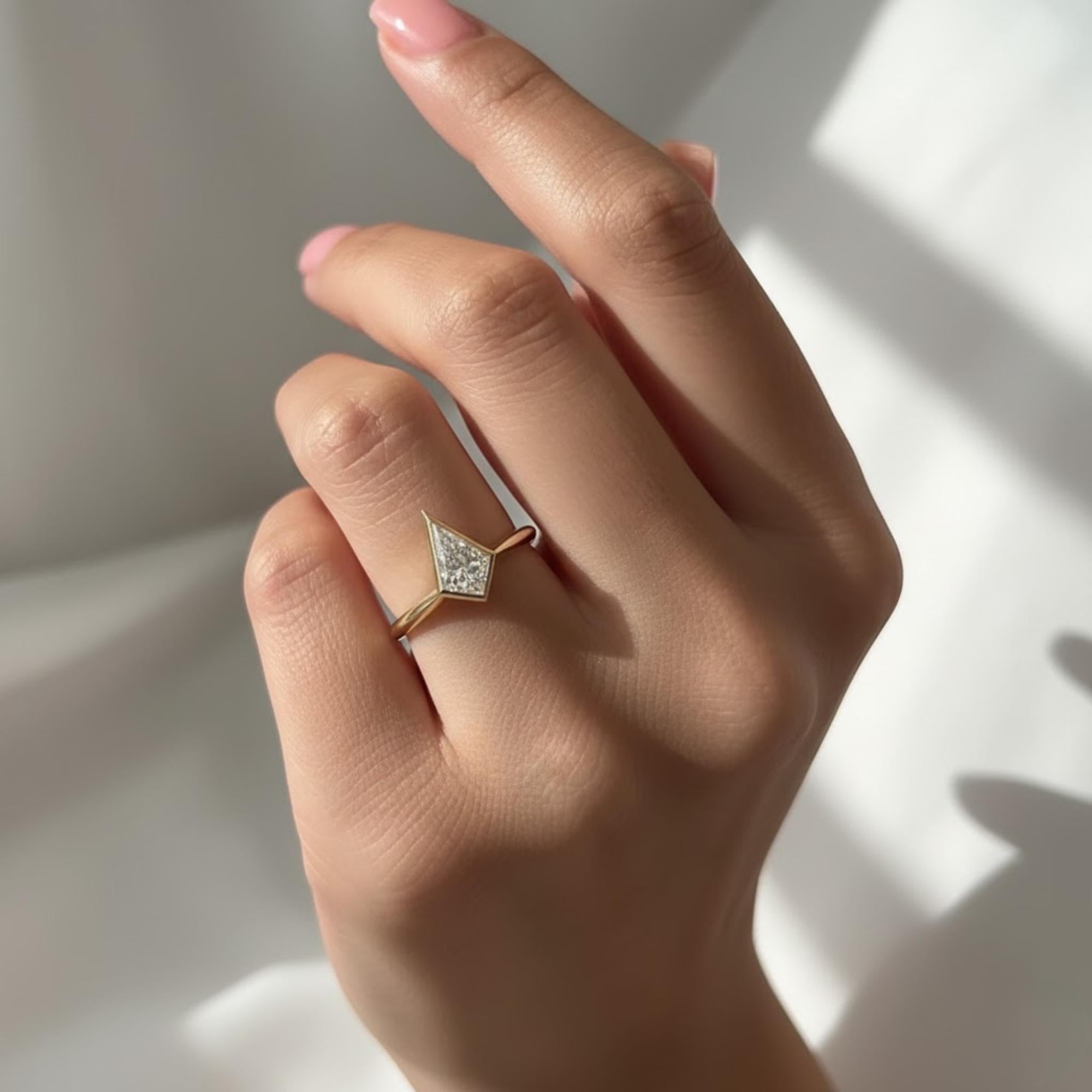 2 Carat Kite Cut Lab Grown Diamond Ring | Bezel Set Solitaire Ring | Low Profile 14K Gold Modern Engagement Ring By Mirae Jewelry