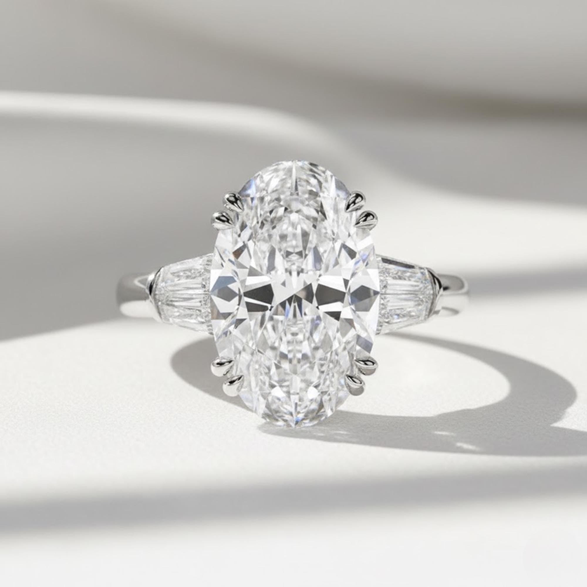 5 Carat Oval Lab Grown Diamond Three Stone Ring / Oval & Tapered Baguettes 3 Stone Ring / Luxury Trilogy Elegant Classic Engagement Ring