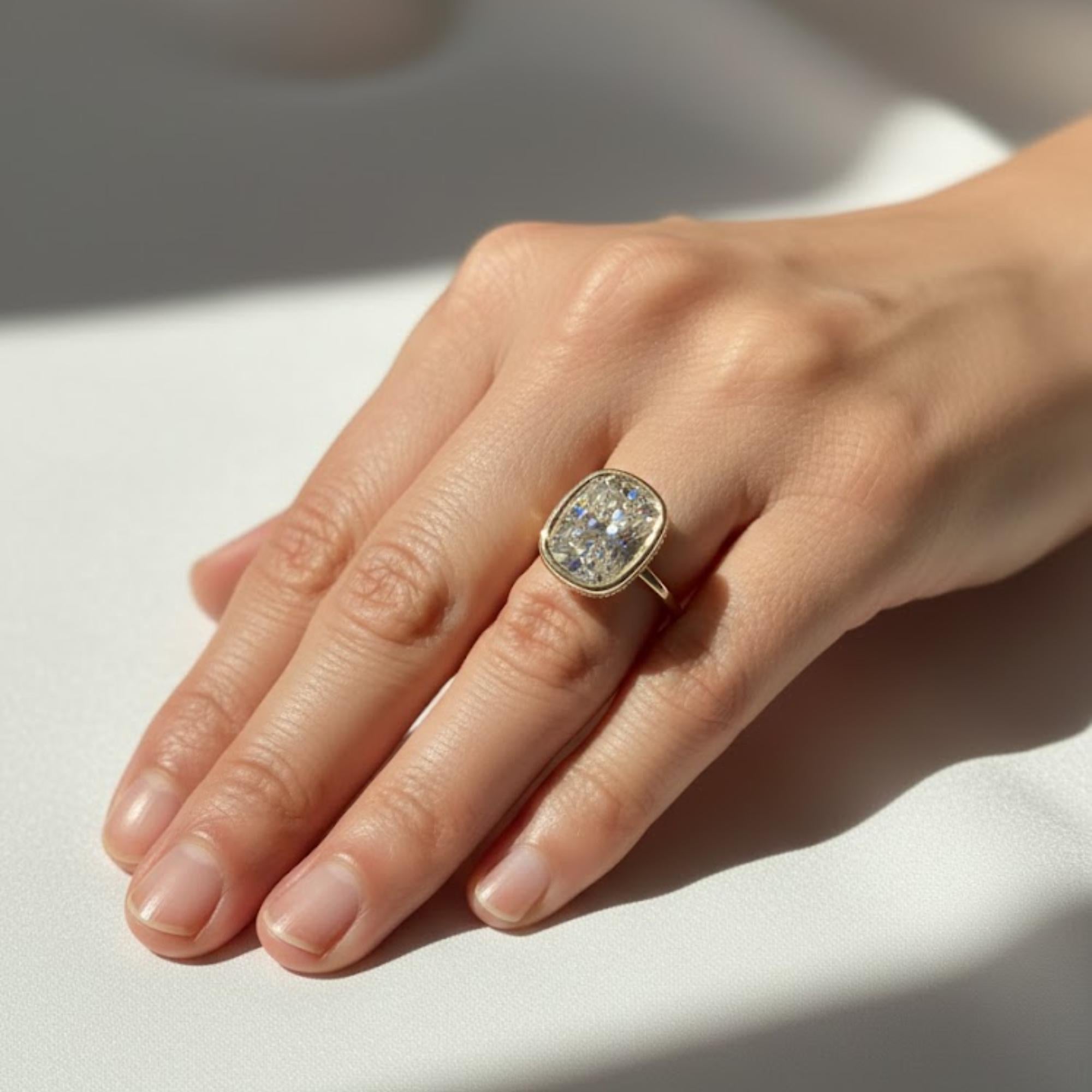 4 CT Excellent Cushion Cut Diamond Ring / Bezel Setting Solitaire Lab Grown Diamond Ring / 14K Yellow Gold Wedding Bezel Engagement Ring