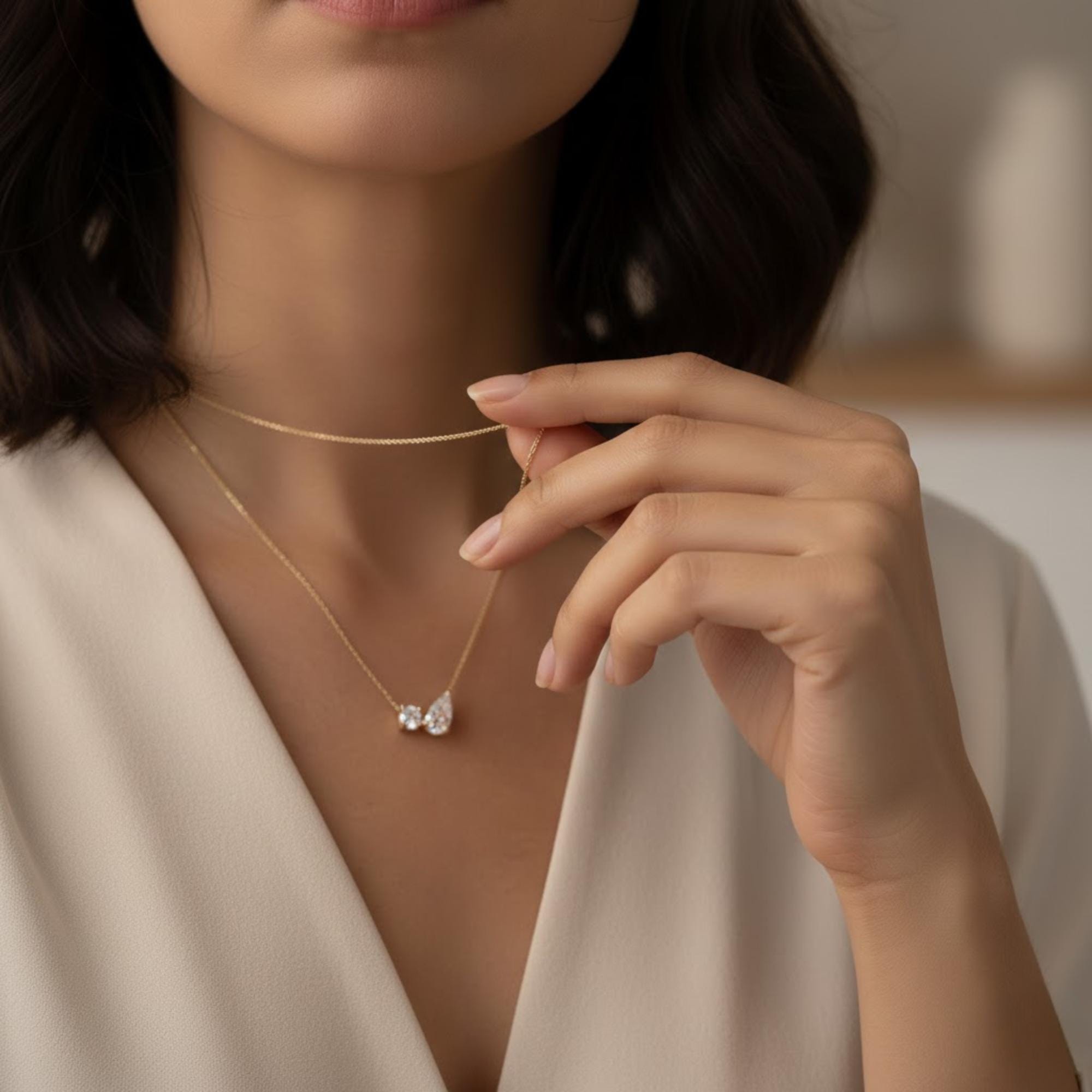 Toi et Moi Lab Grown Diamond Necklace, 14K Gold 1.55 ctw Round & Pear Cut Diamond Necklace, Unique Lab Grown Diamond Pendant, Birthday Gift