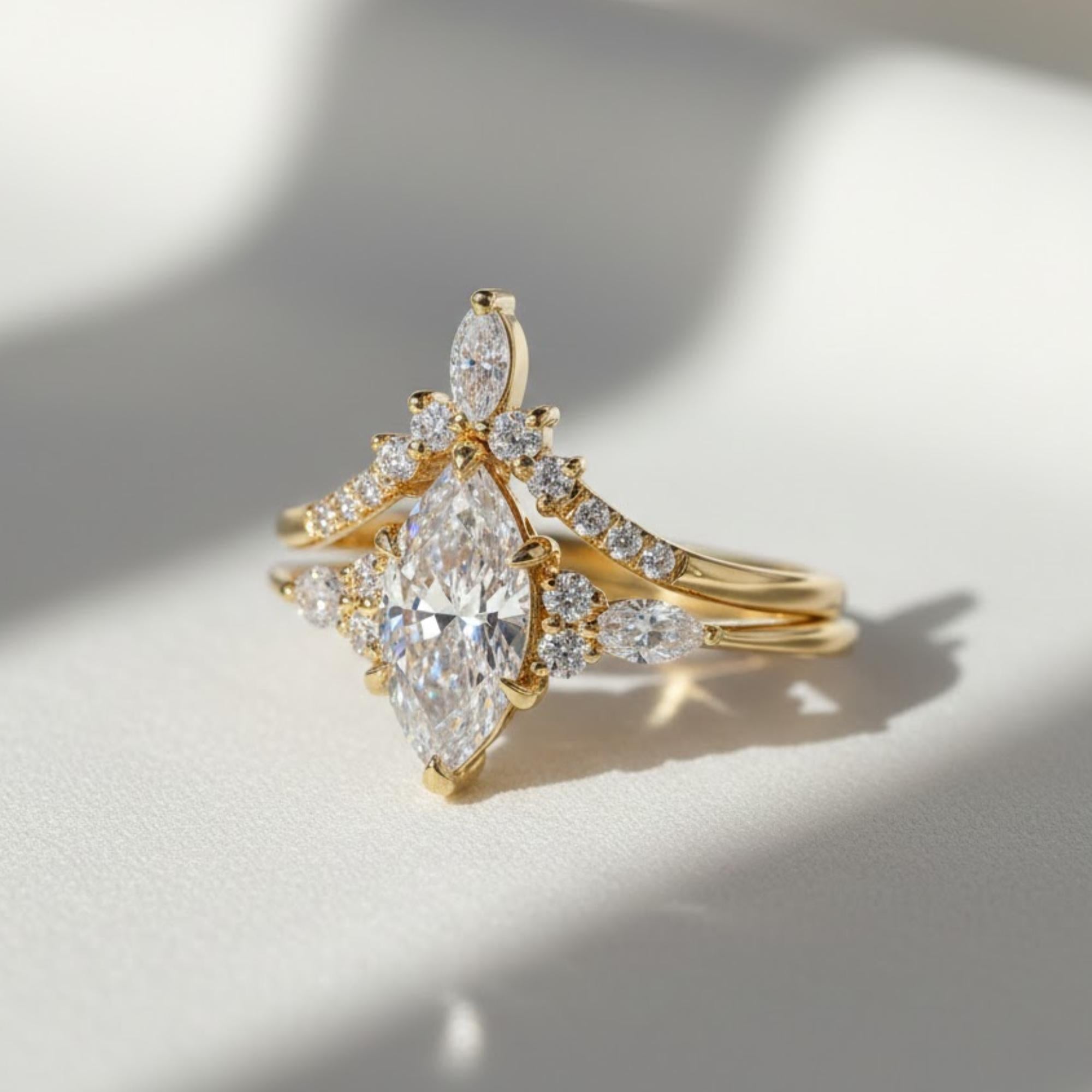 Marquise Lab Diamond Engagement Ring Set 1CT IGI Certified, Vintage Art Deco Bridal Ring Set, 14K Rose Gold Wedding Band Set