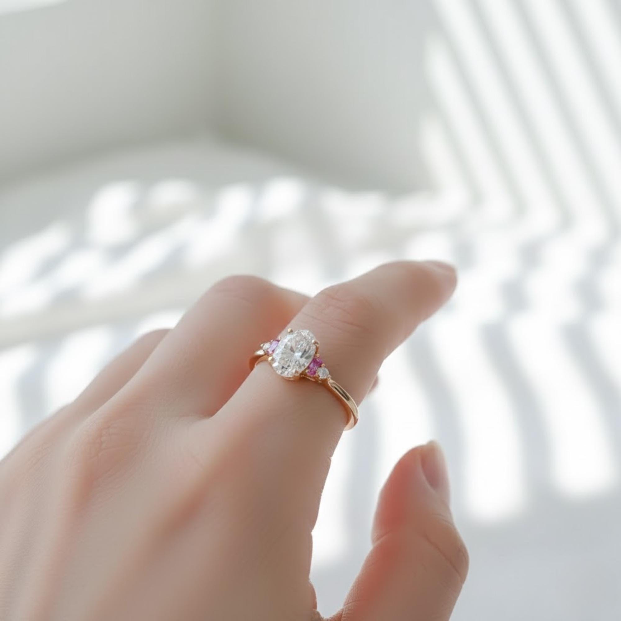 Cathedral Oval Diamond Ring | Lab Grown & Pink Sapphire Ring | 1.5 Carat Solid Gold Engagement Ring By Mirae Jewelry