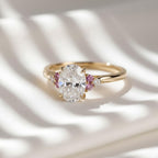 Cathedral Oval Moissanite Ring | Pink Sapphire Accent Ring | 2 Carat Solid Gold Engagement Ring