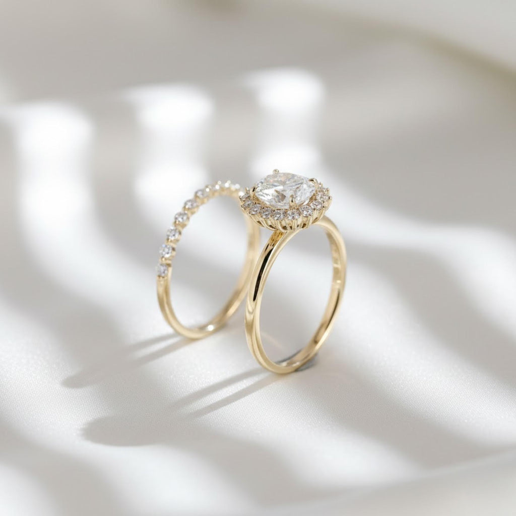 2.50 CTW Oval Lab Grown Diamond Bridal Ring Set IGI Certified 10K 14K Gold Halo Engagement Ring Half Eternity Wedding Band