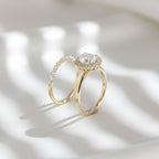 2.50 CTW Oval Lab Grown Diamond Bridal Ring Set IGI Certified 10K 14K Gold Halo Engagement Ring Half Eternity Wedding Band