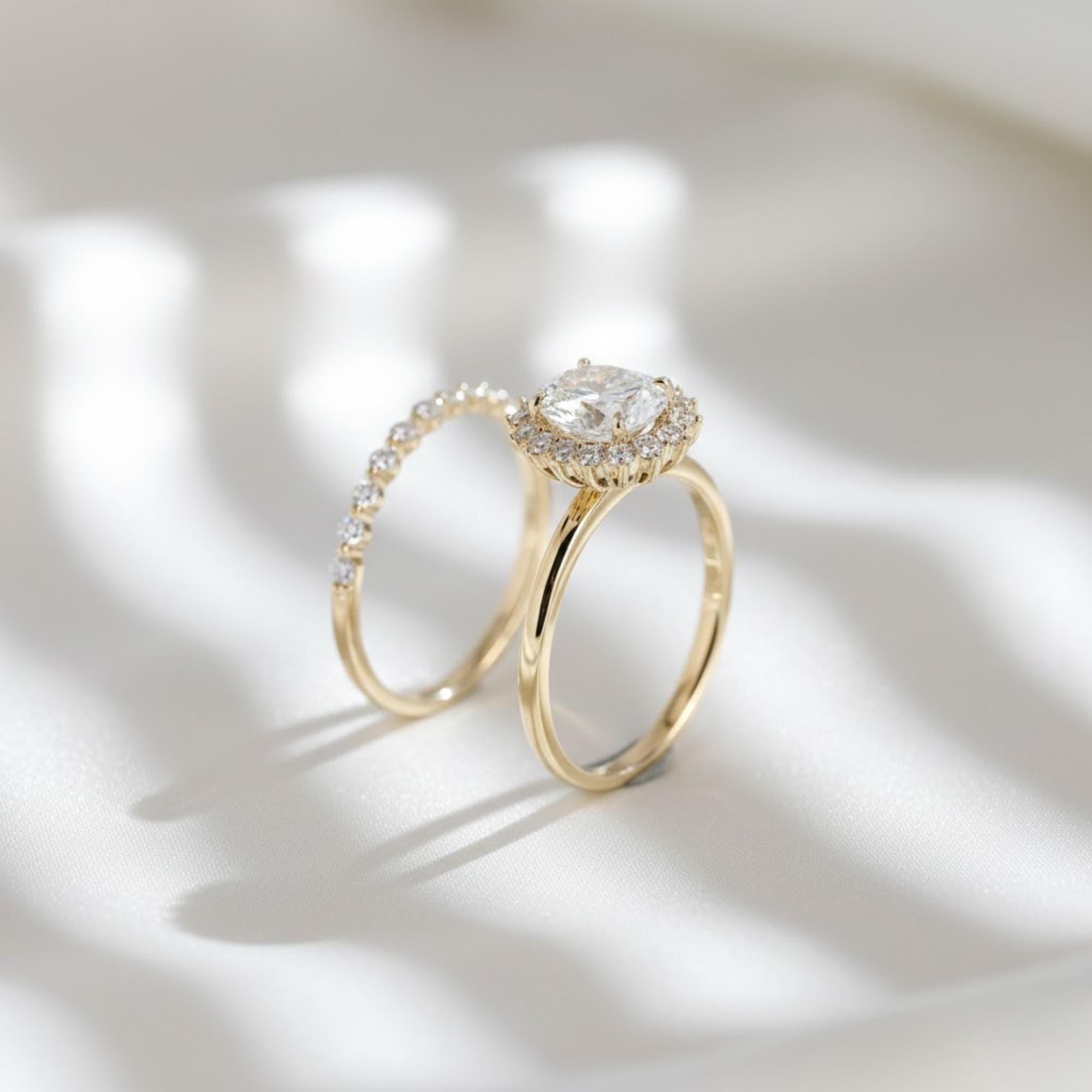 14K Solid Gold Oval Lab Diamond Bridal Set | IGI Certified Halo Engagement Ring & Wedding Band Set By Mirae Jewelry