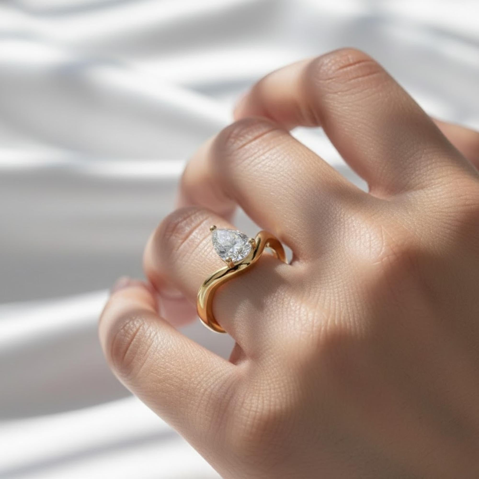 Pear Diamond Solitaire Ring | 1 Carat IGI Certified Lab Grown Diamond | 14K Yellow Gold Engagement Ring