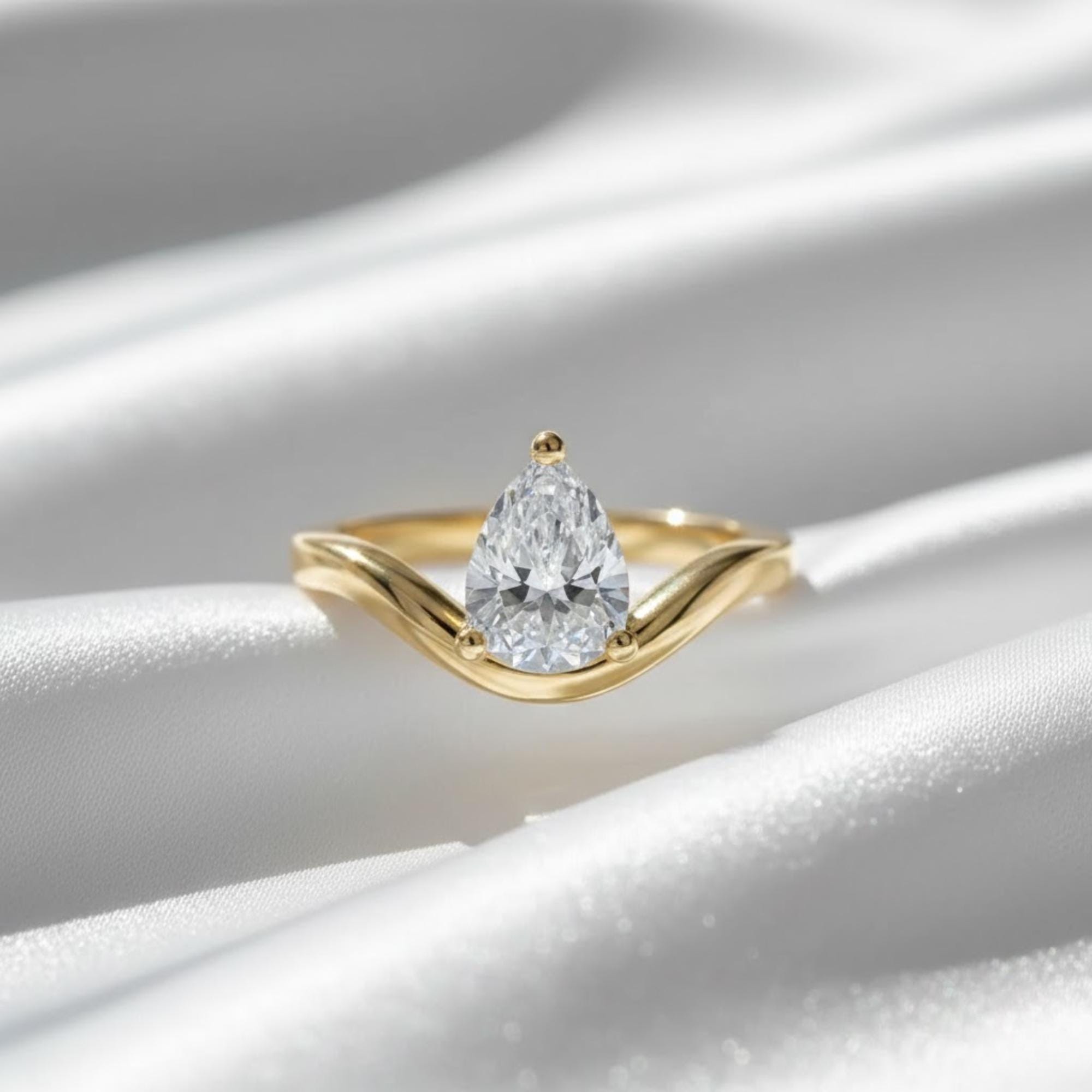 Pear Diamond Solitaire Ring | 1 Carat IGI Certified Lab Grown Diamond | 14K Yellow Gold Engagement Ring