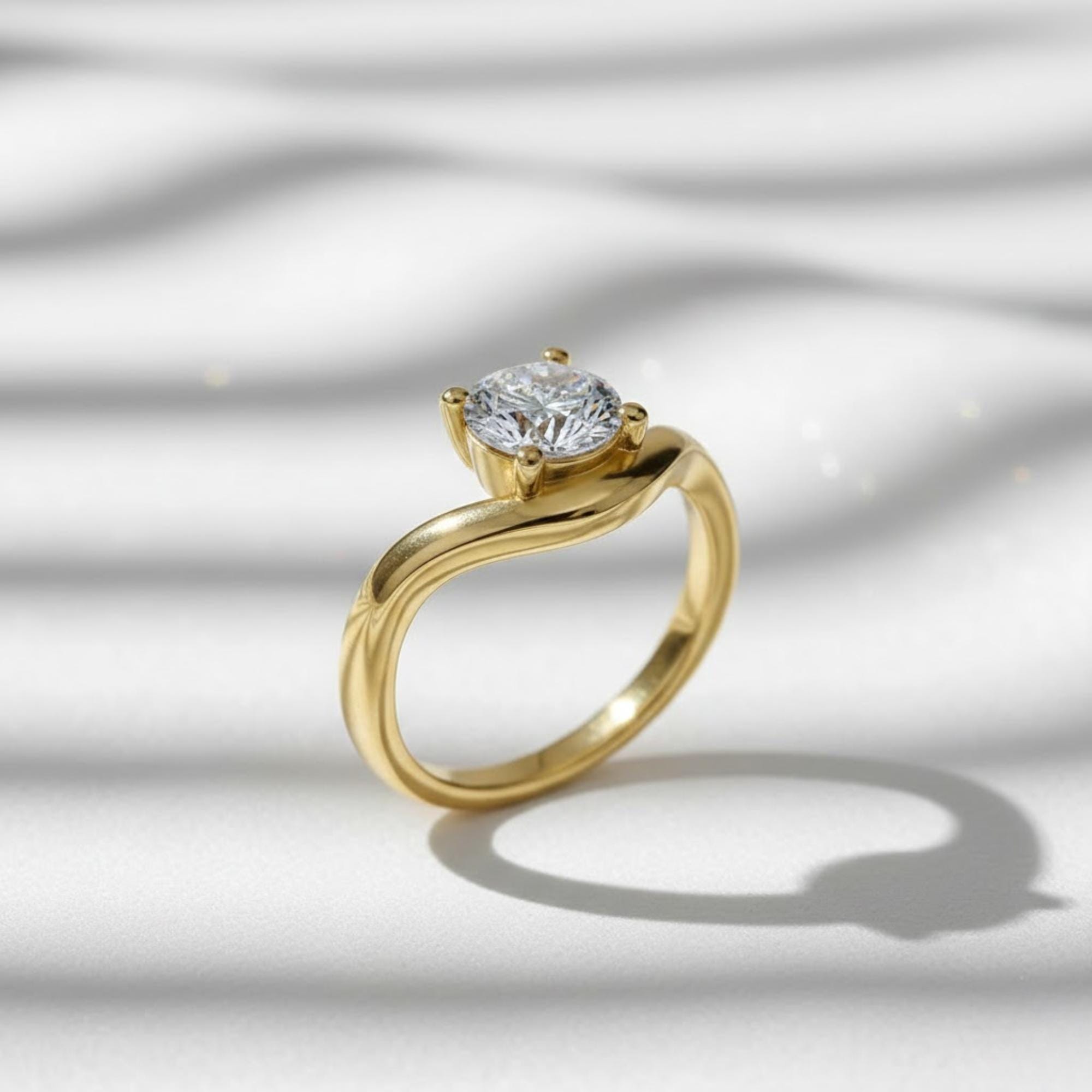 Round Diamond Solitaire Ring | 1 Carat Lab Grown Diamond Curved Engagement Ring | 14K Yellow Gold Ring