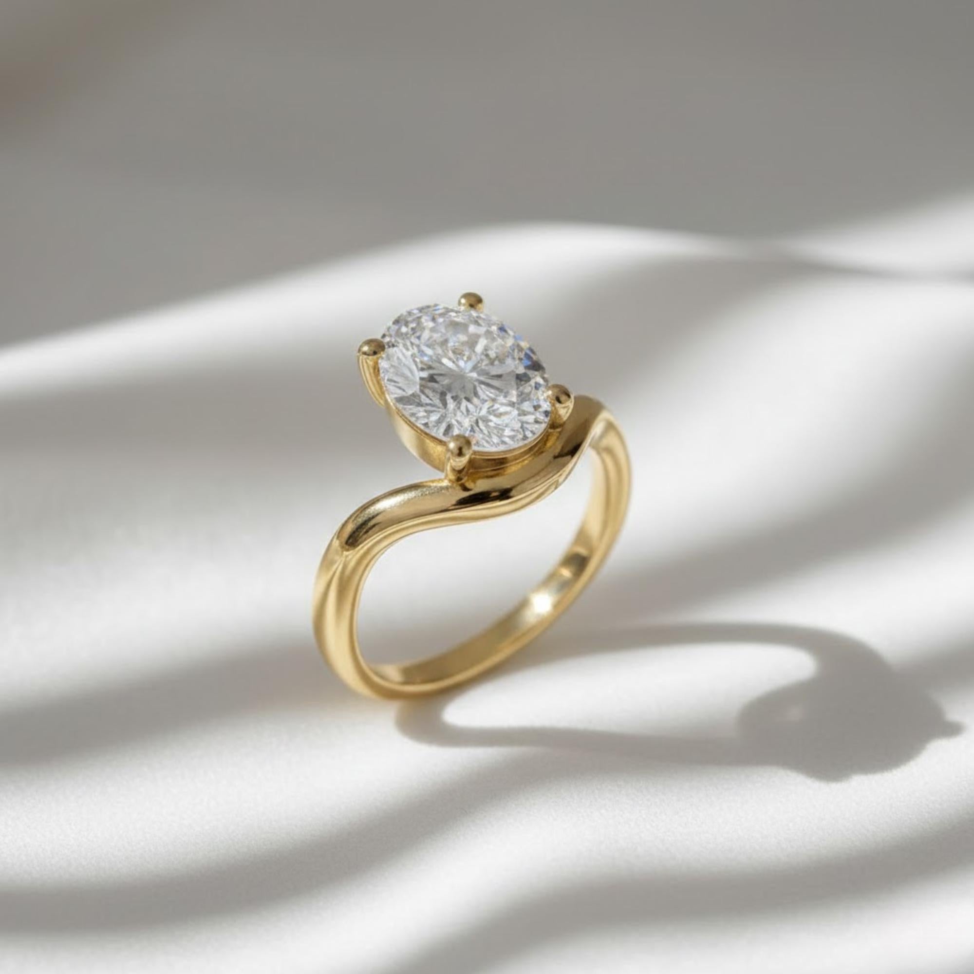 IGI Certified 2 Carat Oval Diamond Curved Ring | 9x7mm Lab Grown Diamond Engagement Ring | 14K Yellow Gold Ring