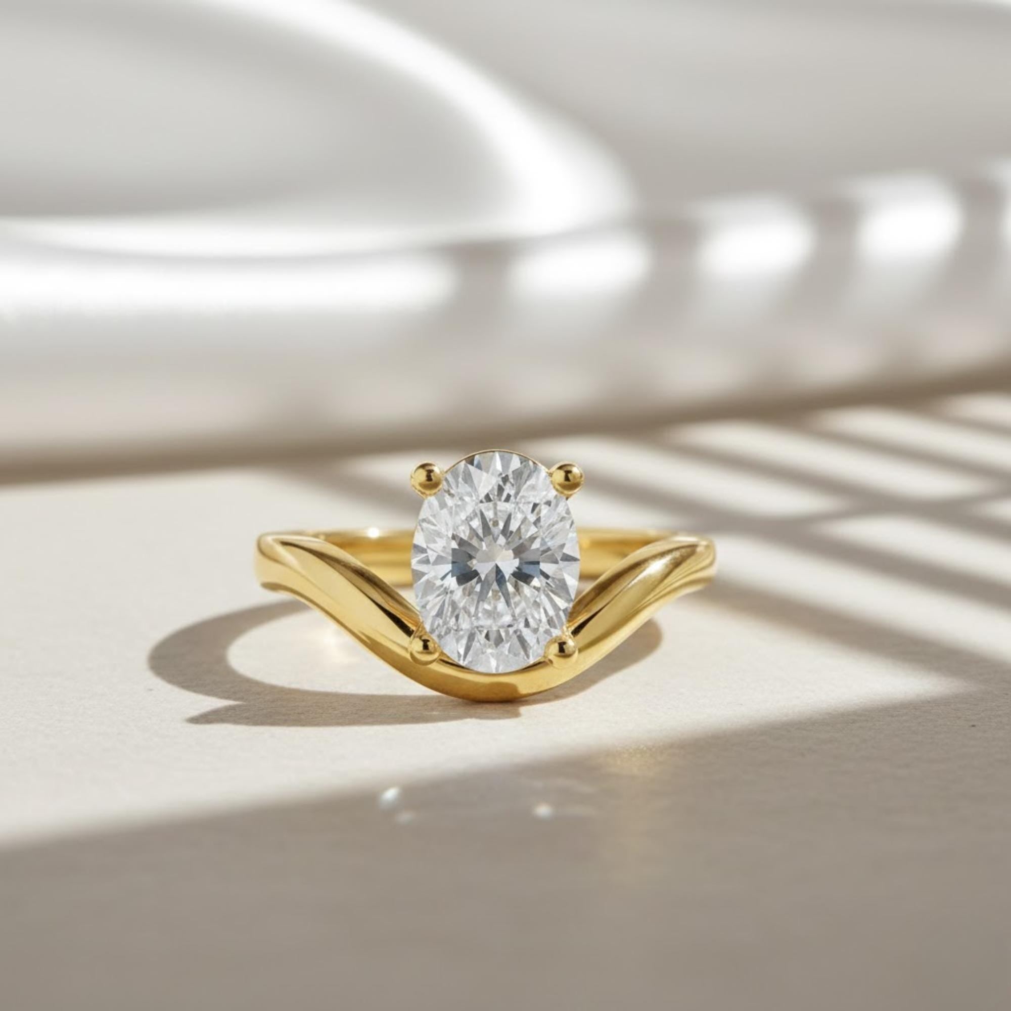IGI Certified 2 Carat Oval Diamond Curved Ring | 9x7mm Lab Grown Diamond Engagement Ring | 14K Yellow Gold Ring