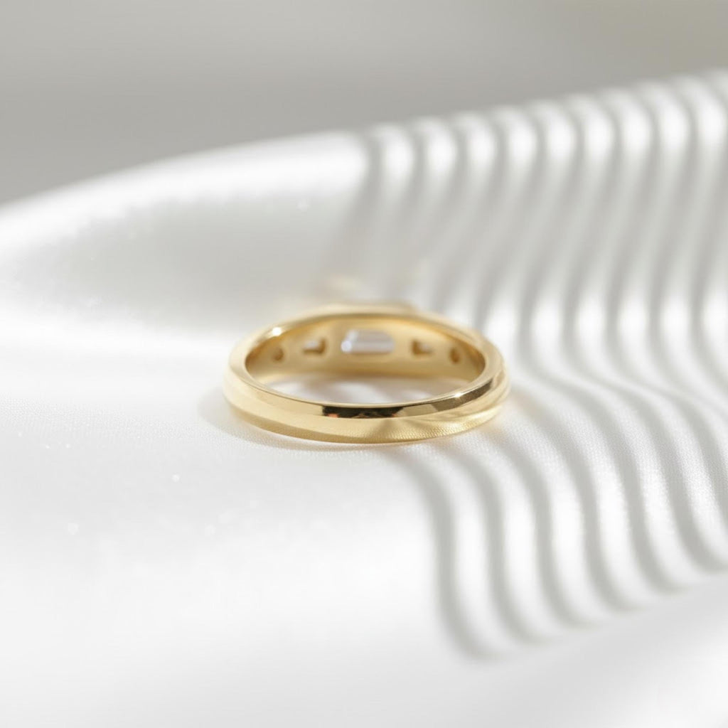 Three Stone Moissanite Band | 0.90 CTW Emerald Cut Moissanite Ring | 14K Yellow Gold Bezel Ring