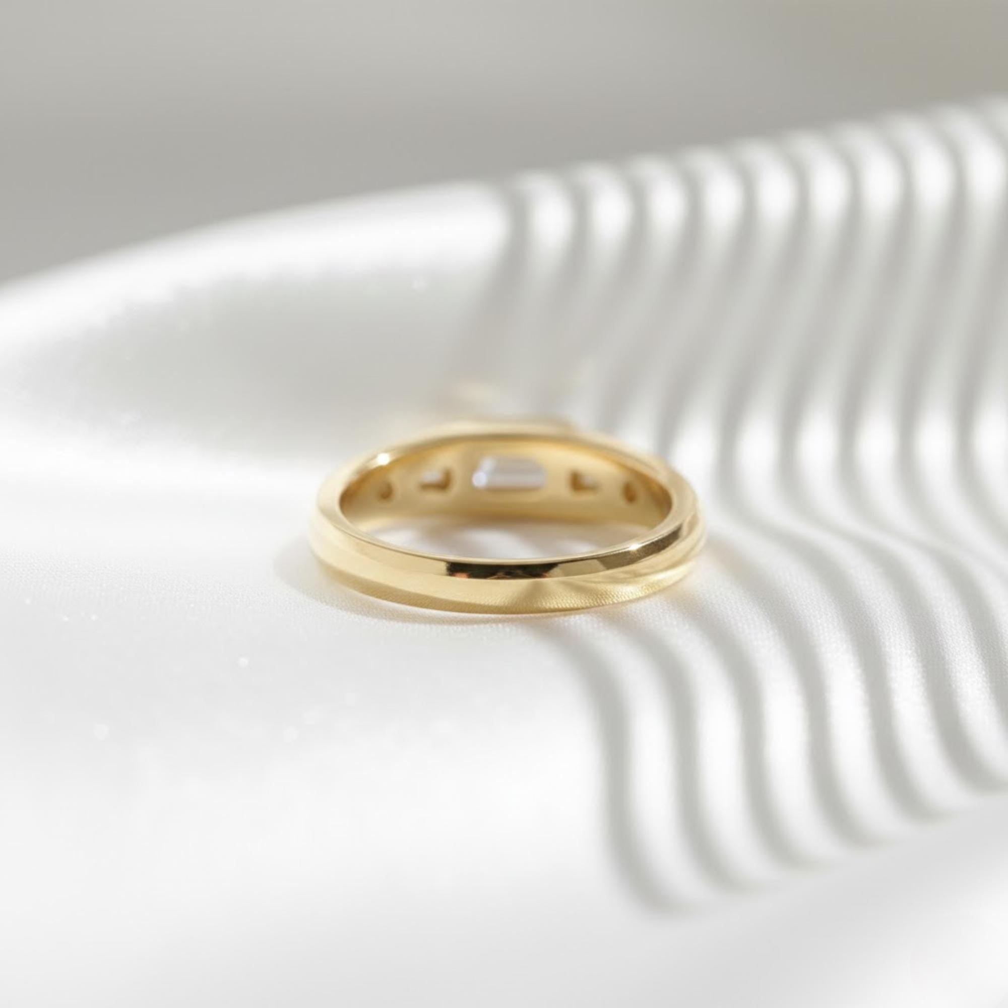Three Stone Moissanite Band | 0.90 CTW Emerald Cut Moissanite Ring | 14K Yellow Gold Bezel Ring