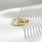 Three Stone Moissanite Band | 0.90 CTW Emerald Cut Moissanite Ring | 14K Yellow Gold Bezel Ring