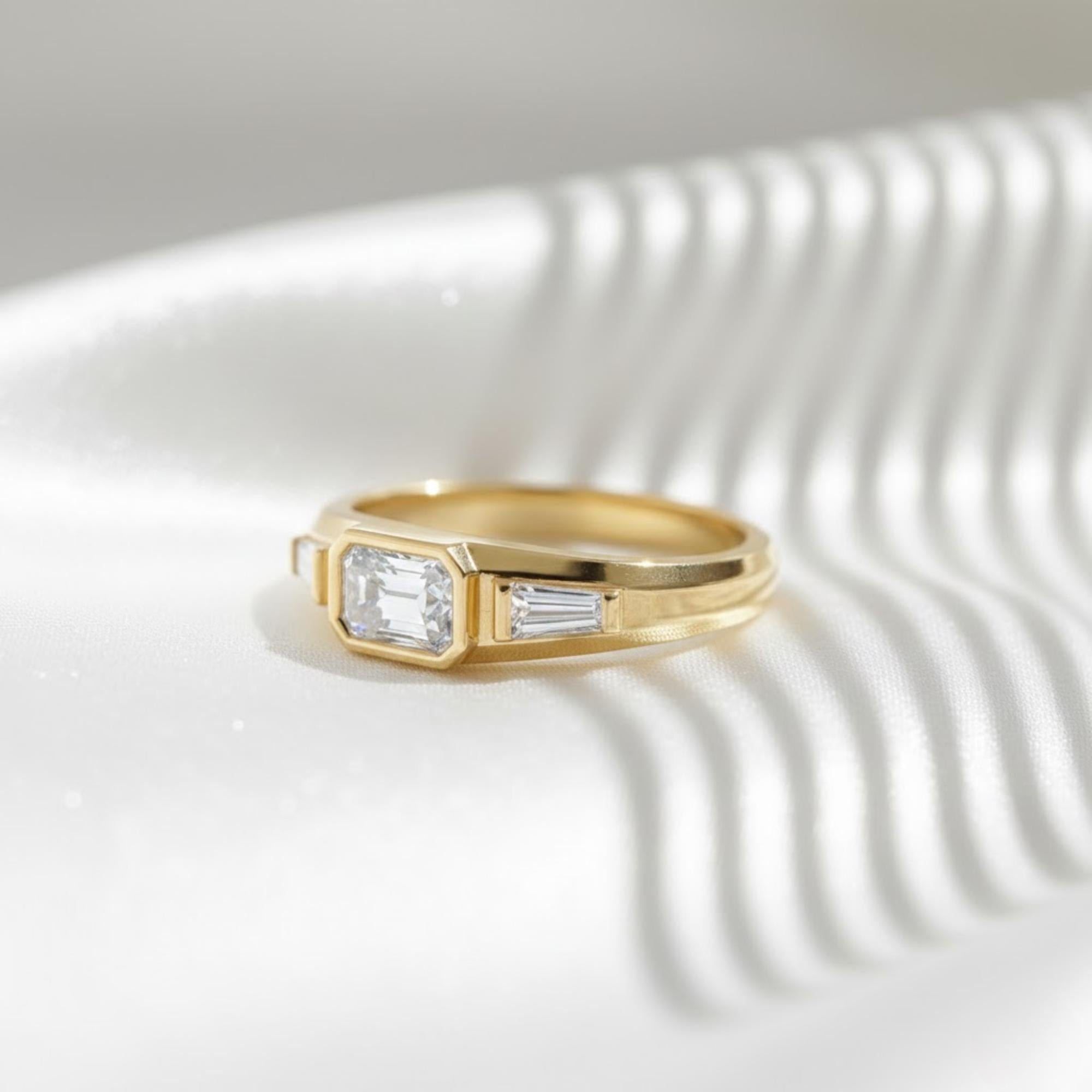 Three Stone Moissanite Band | 0.90 CTW Emerald Cut Moissanite Ring | 14K Yellow Gold Bezel Ring