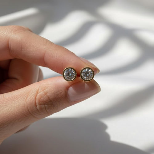 1 Carat Round Brilliant Cut Diamond Bezel Set Stud Earrings