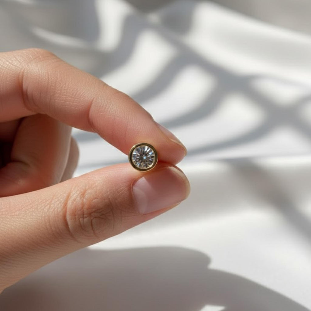 Round Brilliant Cut Bezel Set Moissanite Stud Earrings | 14K Gold Moissanite Earrings | 1 Carat Ethical Sparkling Studs