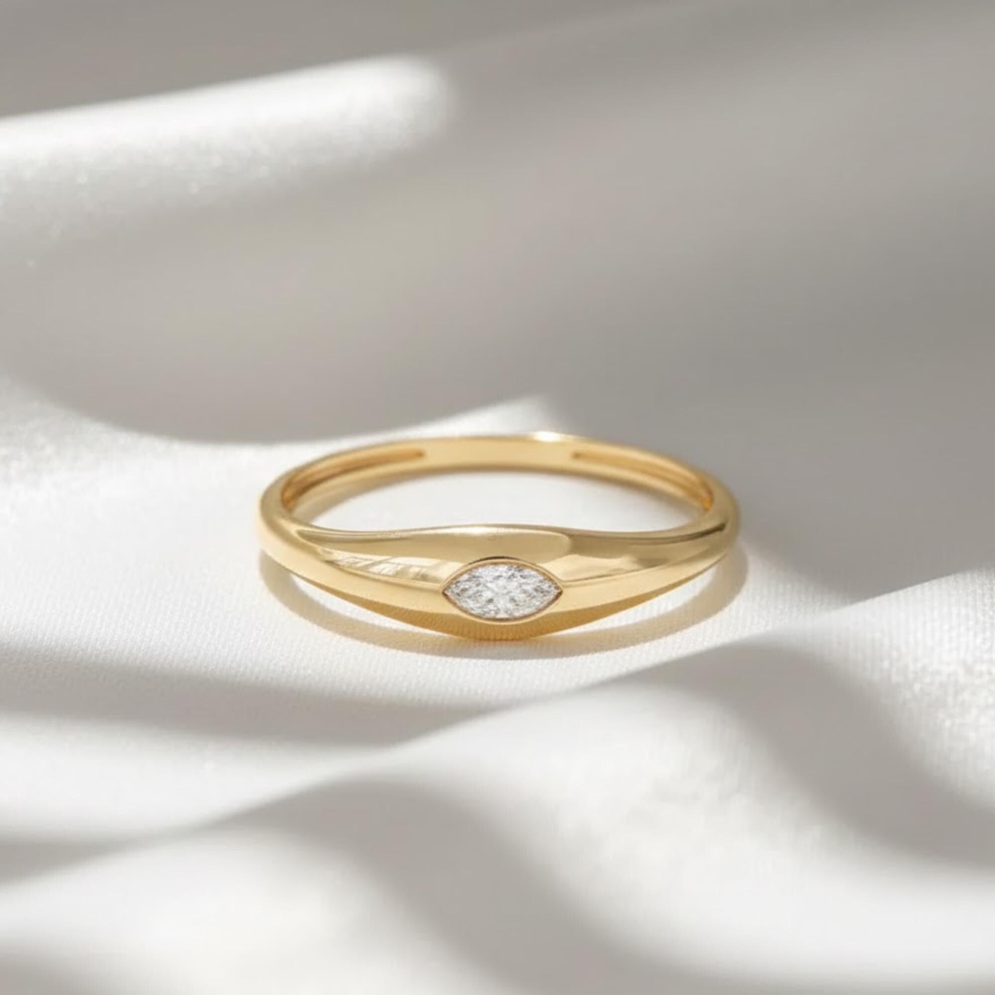 Marquise Signet Pinky Ring | Lab Grown Diamond Minimalist Ring | 10K Gold Bezel Dome Band