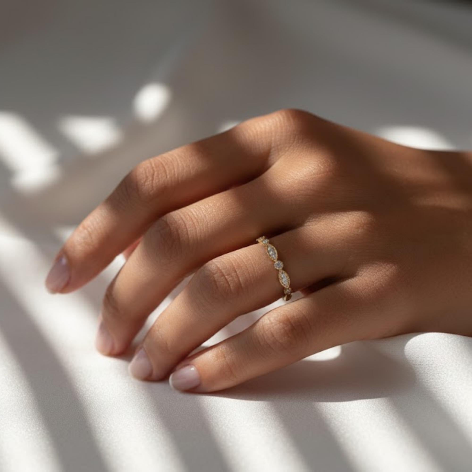 Art Deco Diamond Wedding Band | Milgrain Detail Lab Diamond Ring | 14K Gold Stacking Ring