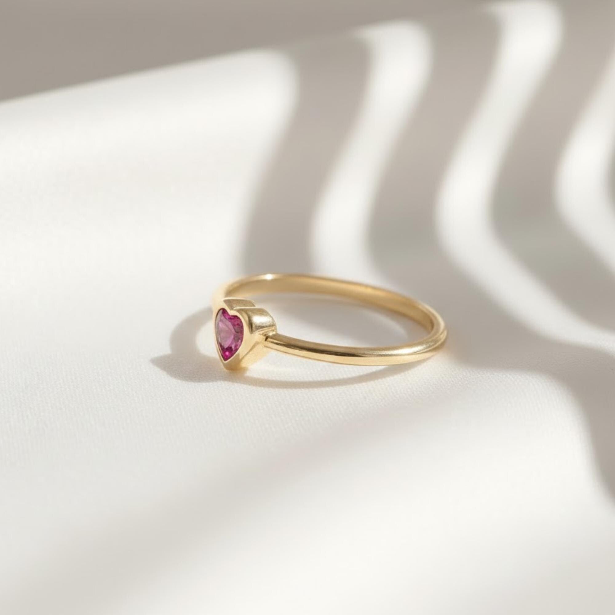 Ruby Heart Pinky Ring | Dainty Bezel Heart Ring | 14K Solid Gold Romantic Gift