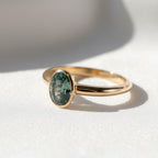 Teal Green Moissanite Ring Oval Cut – 14K Gold Bezel Engagement Ring, Unique Promise Ring, Boho Unisex Jewelry