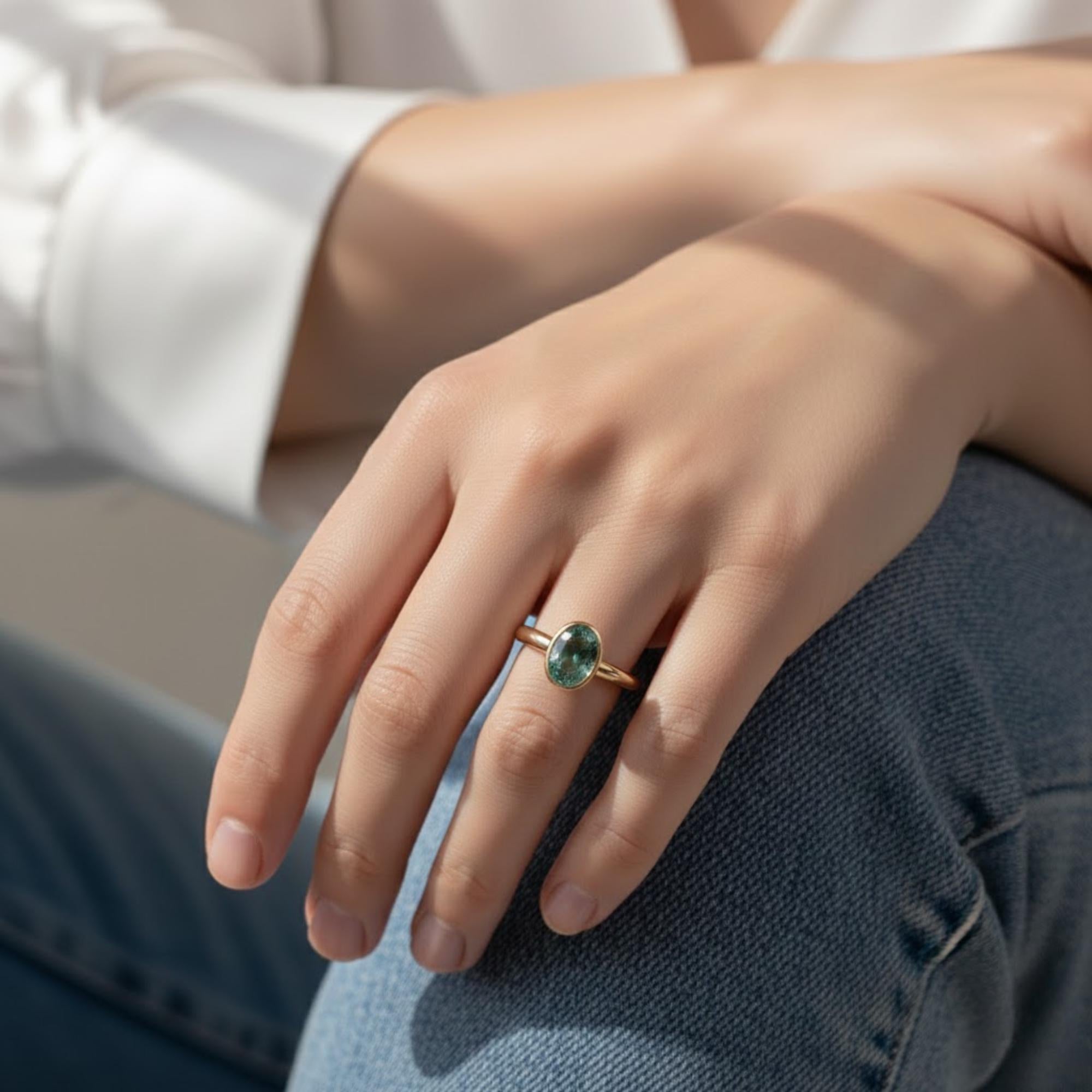 Teal Green Moissanite Ring Oval Cut – 14K Gold Bezel Engagement Ring, Unique Promise Ring, Boho Unisex Jewelry