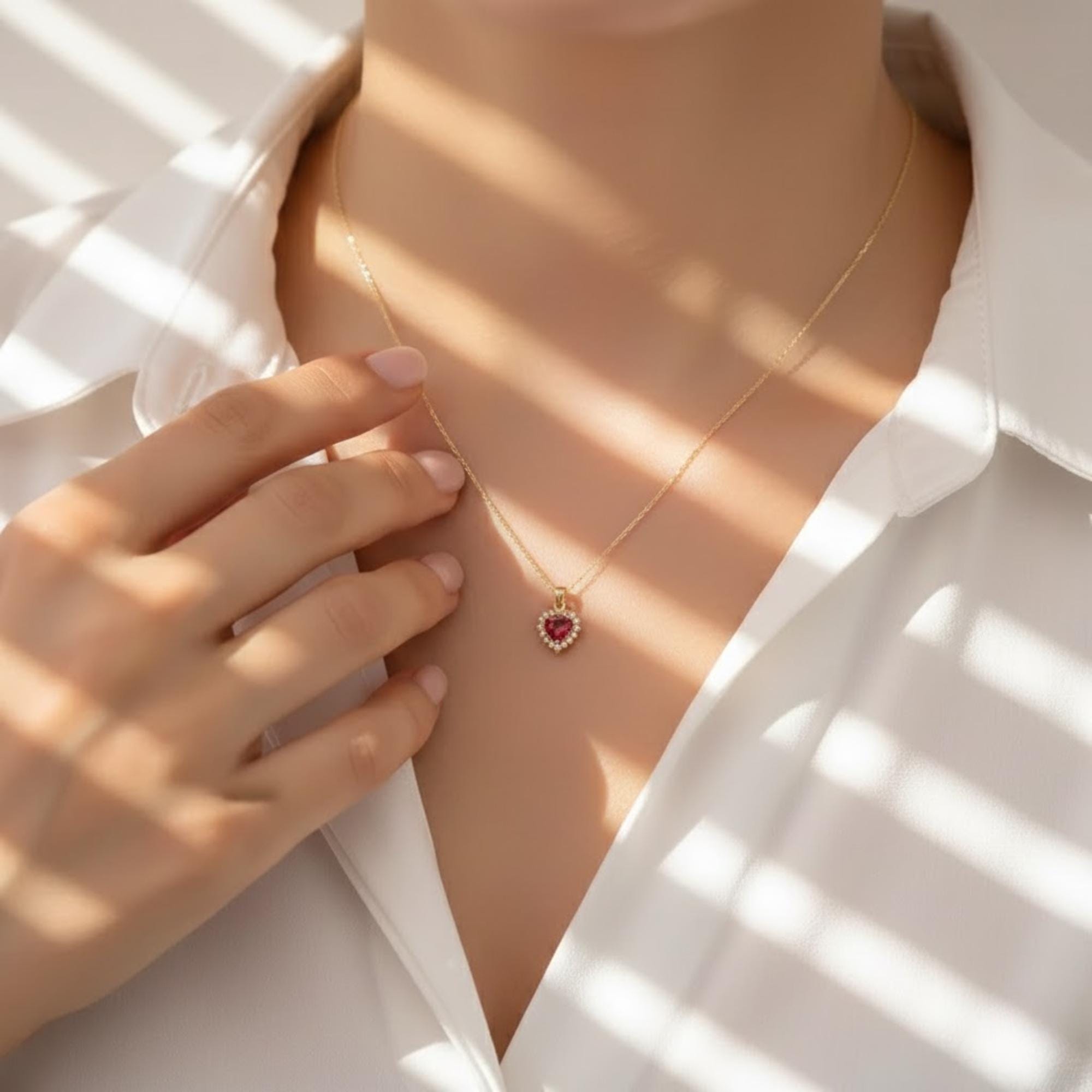 Garnet & Halo Diamond Heart Necklace | January Birthstone Jewelry | 14K Solid Gold Halo Diamond Pendant
