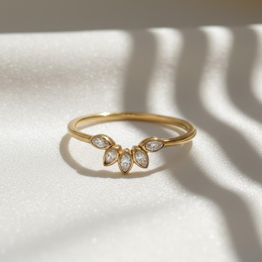 14K Gold Sunburst Lab Diamond Nesting Ring | Curved Wedding Band