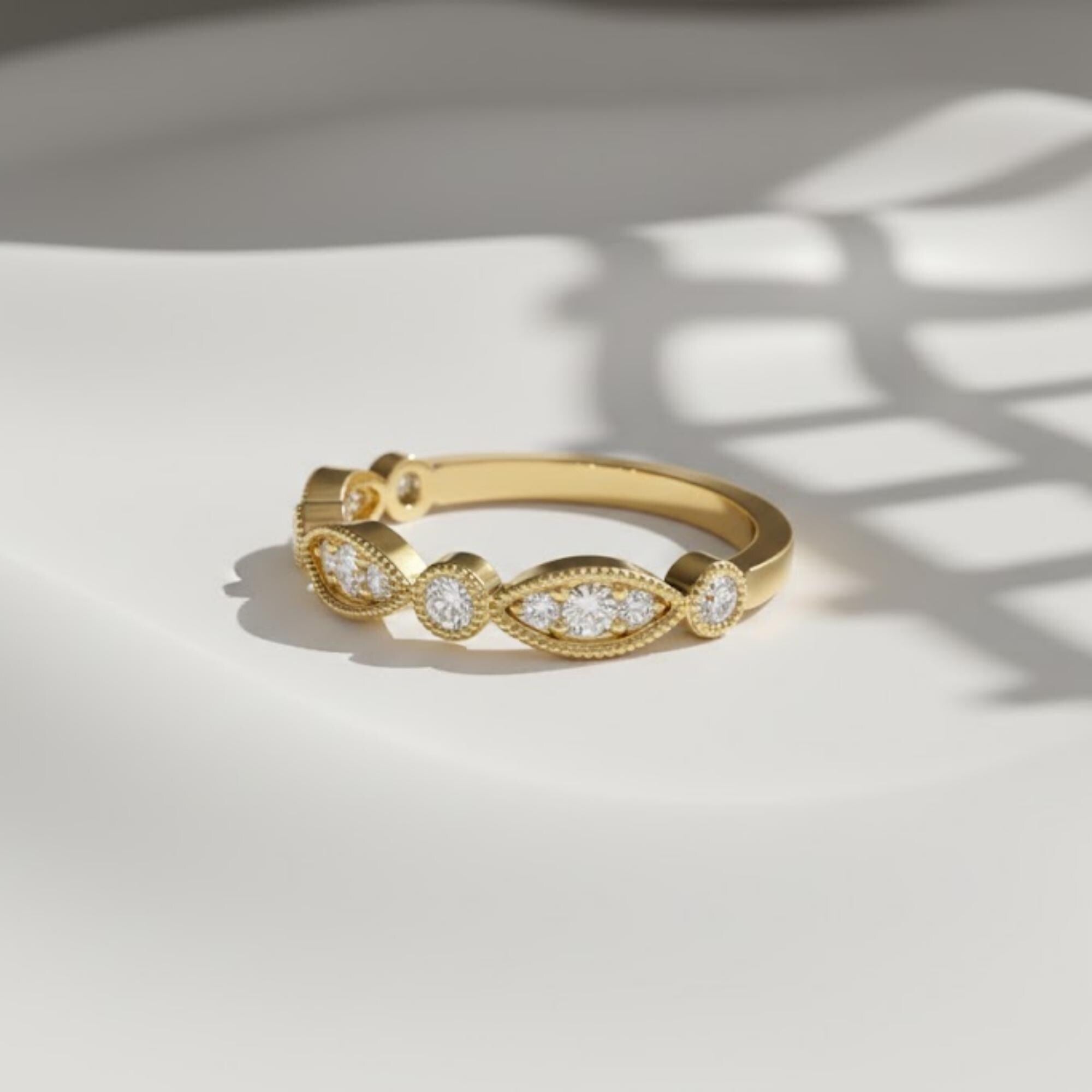 Art Deco Lab Diamond Wedding Band | 14K Gold Milgrain Stacking Ring