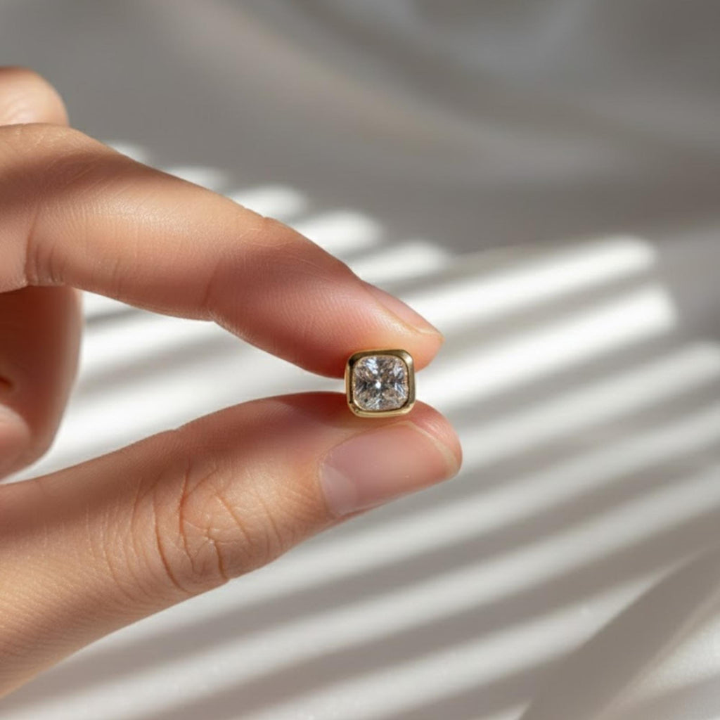 Single Cushion Moissanite Stud | 0.50 Carat Square Stud Earring | 10K Gold Bezel Earring
