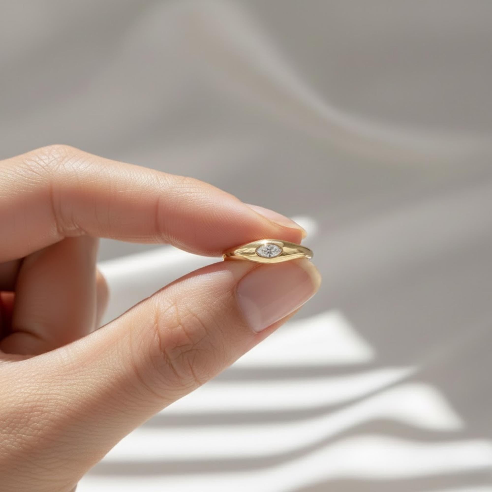 Marquise Signet Pinky Ring | Lab Grown Diamond Minimalist Ring | 10K Gold Bezel Dome Band