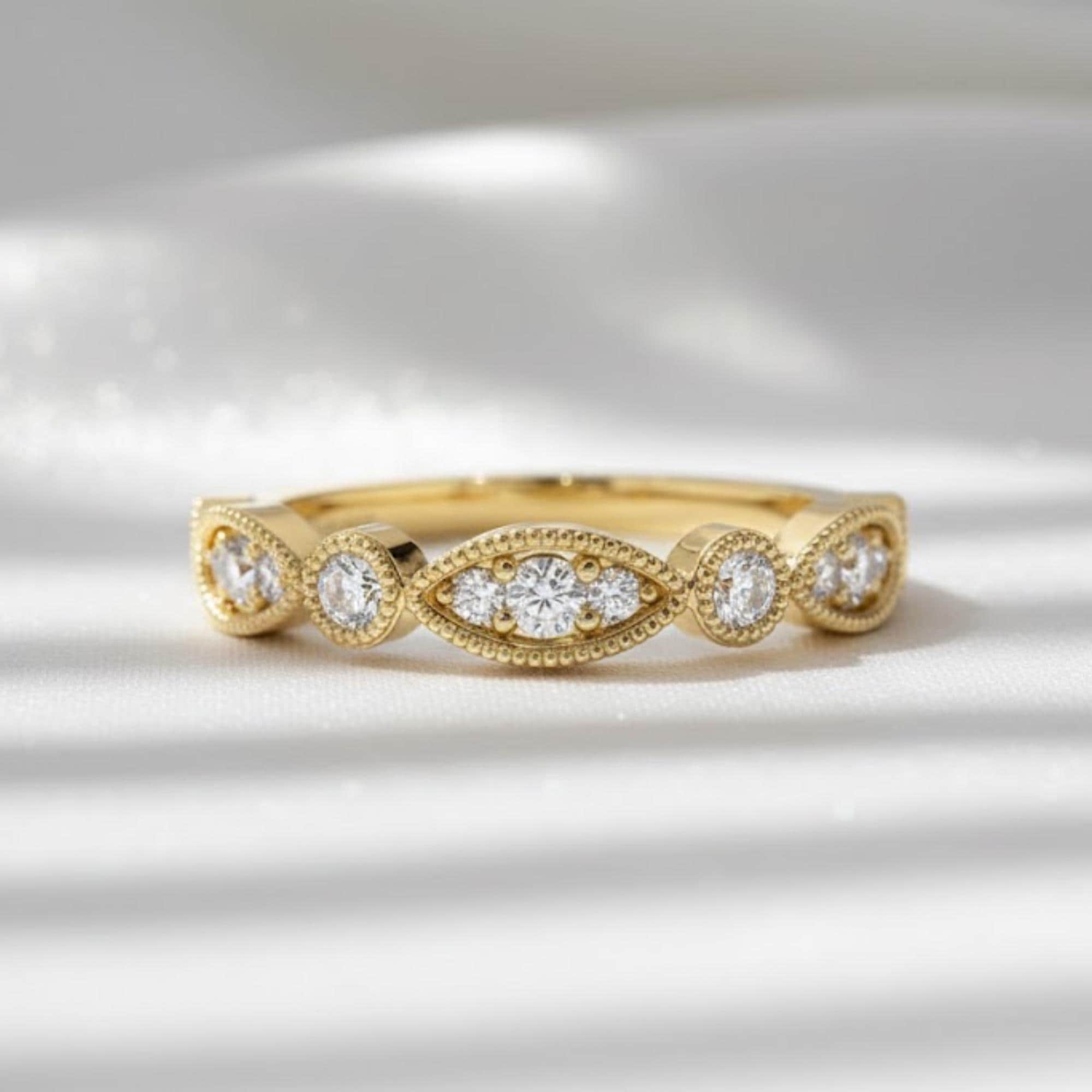 Art Deco Diamond Wedding Band | Milgrain Detail Lab Diamond Ring | 14K Gold Stacking Ring