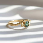 Green Blue Sapphire Woodland Ring | Leaf Motif Nature Sterling Silver Ring | Solid Gold Engagement Ring
