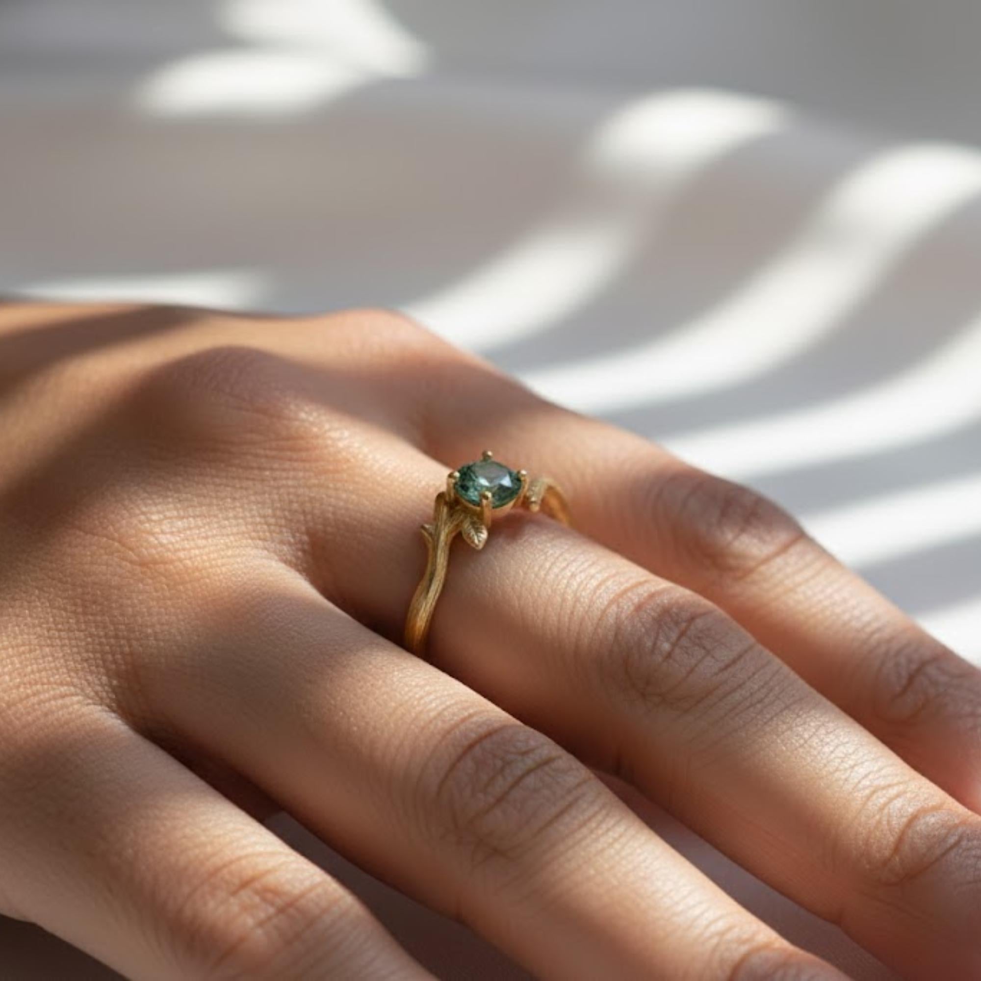 Green Blue Sapphire Woodland Ring | Leaf Motif Nature Sterling Silver Ring | Solid Gold Engagement Ring